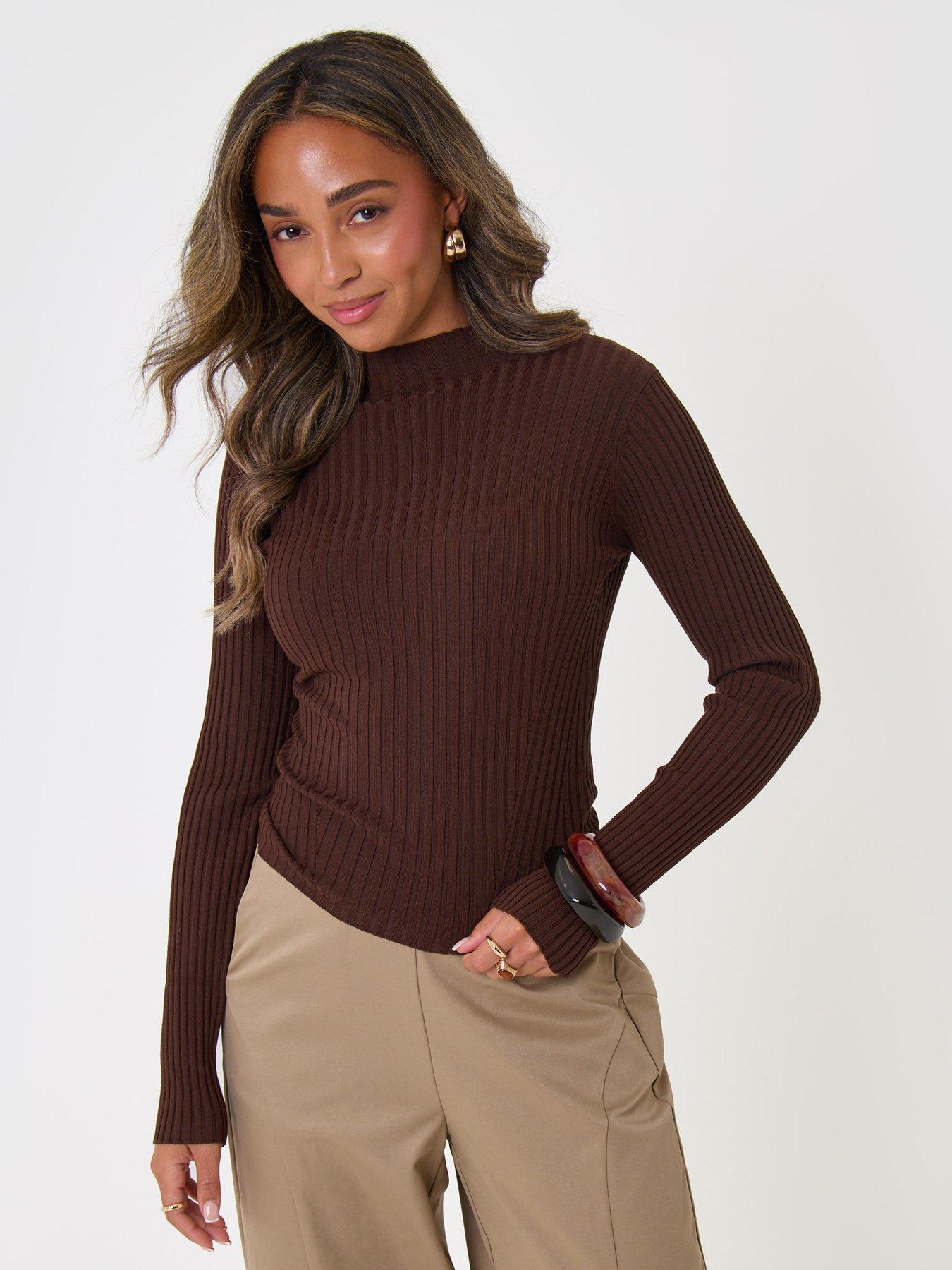Image 1 of 4 of Threadbare Ribbed High Neck Jumper In Chocolate Brown
