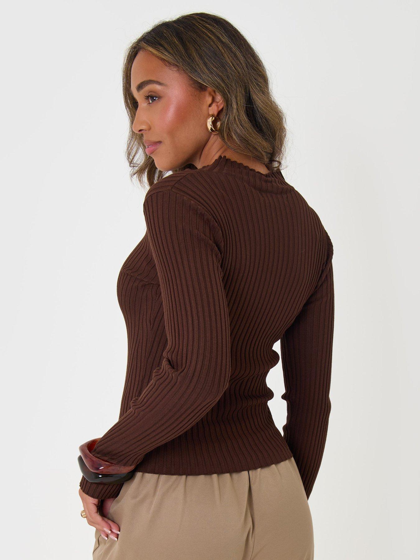 Image 2 of 4 of Threadbare Ribbed High Neck Jumper In Chocolate Brown