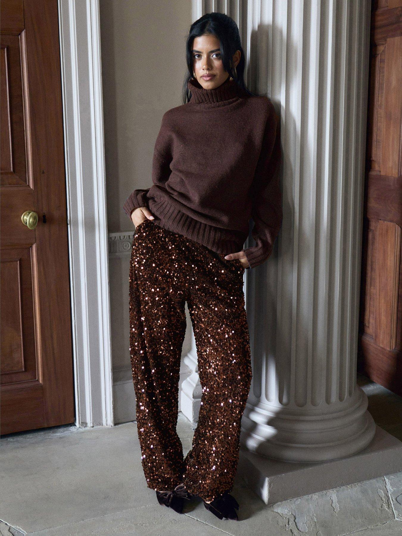 Image 1 of 4 of Threadbare Sequin Wide Leg Trousers In Chocolate Brown