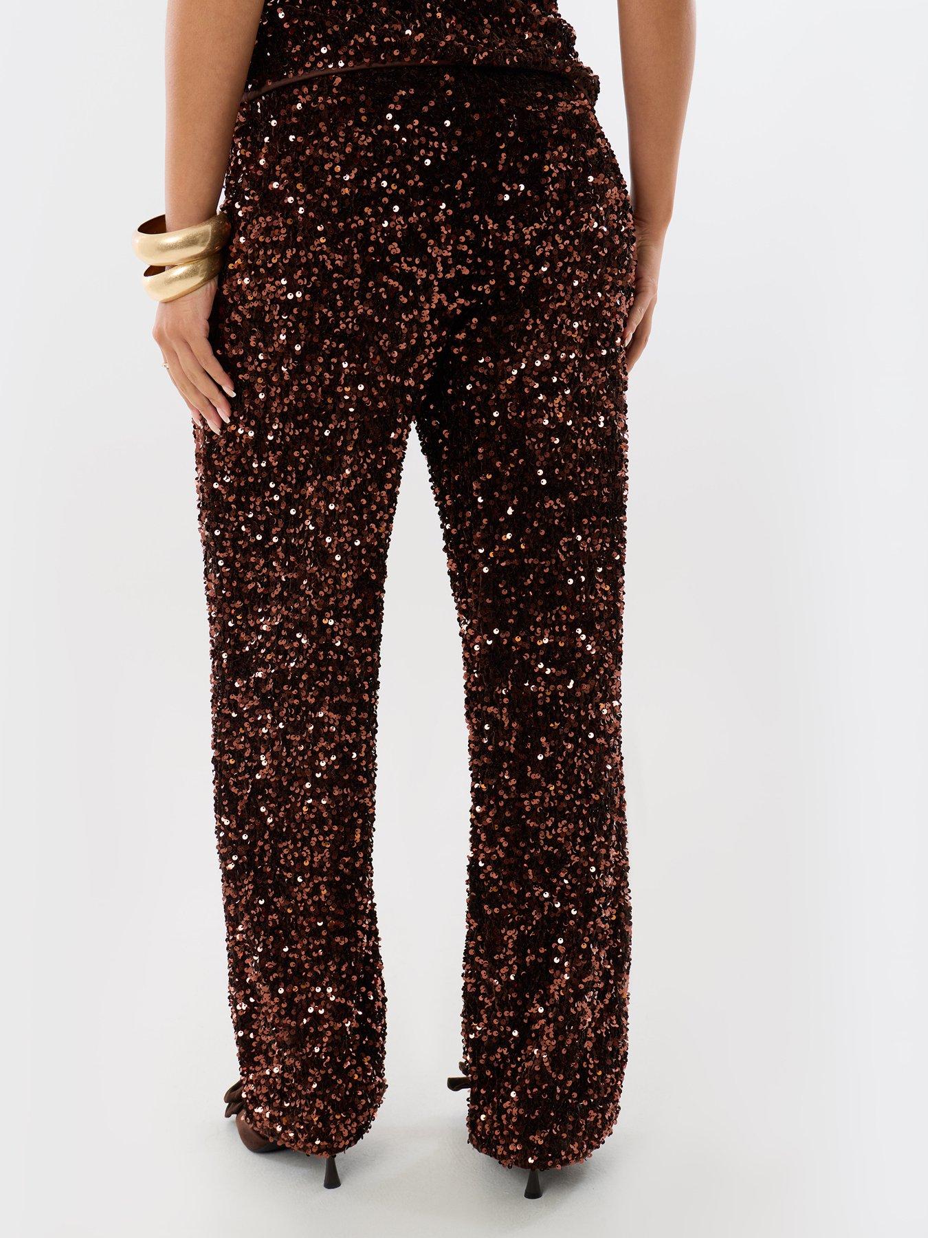 Image 2 of 4 of Threadbare Sequin Wide Leg Trousers In Chocolate Brown