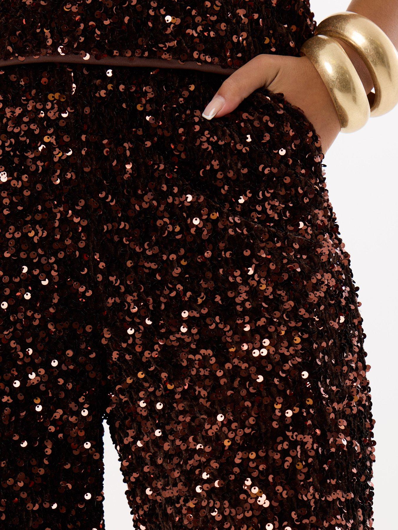 Image 4 of 4 of Threadbare Sequin Wide Leg Trousers In Chocolate Brown