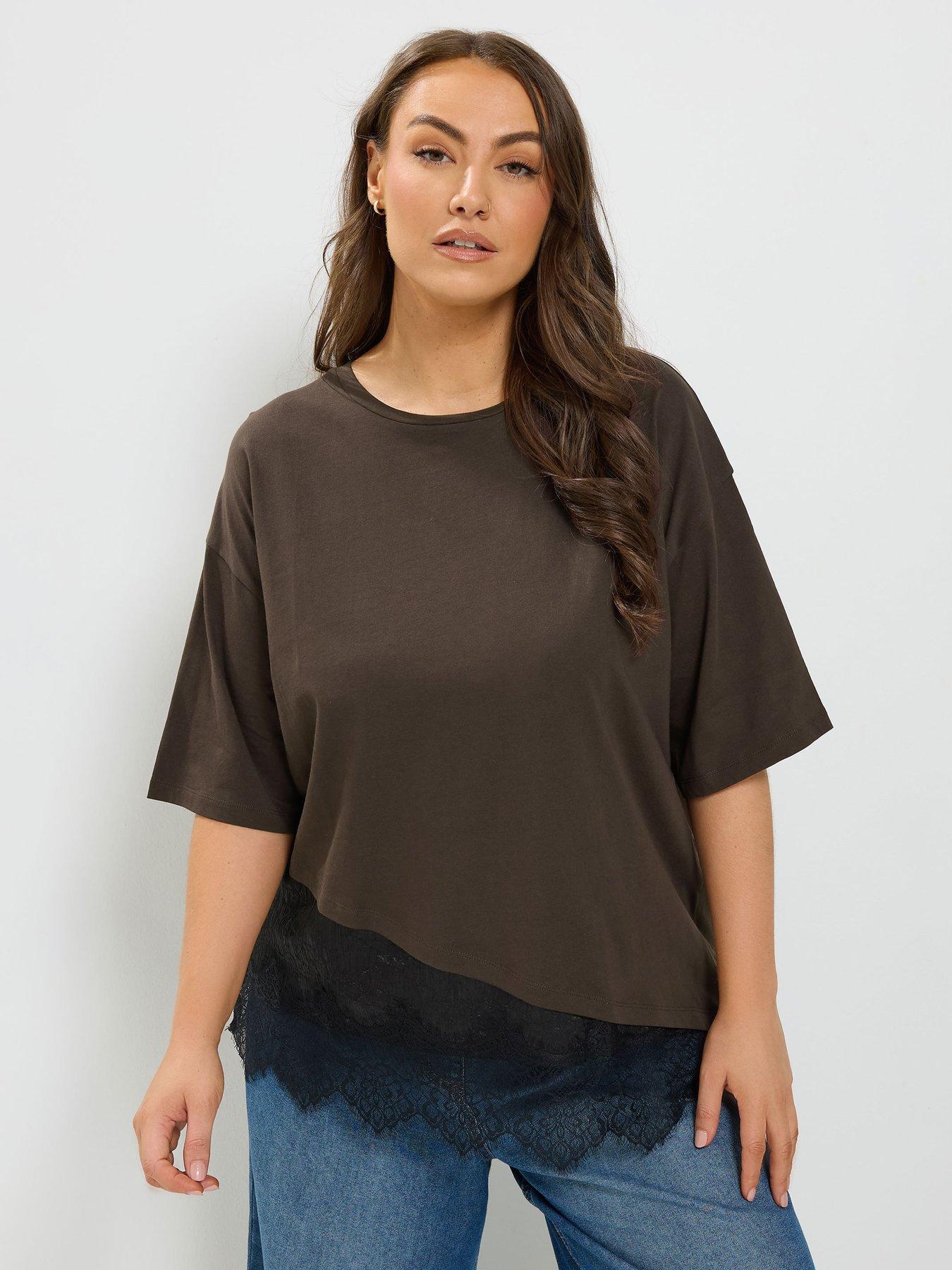 Yours Curve Short Sleeve Asymmetric Satin Hem T-Shirt - Brown