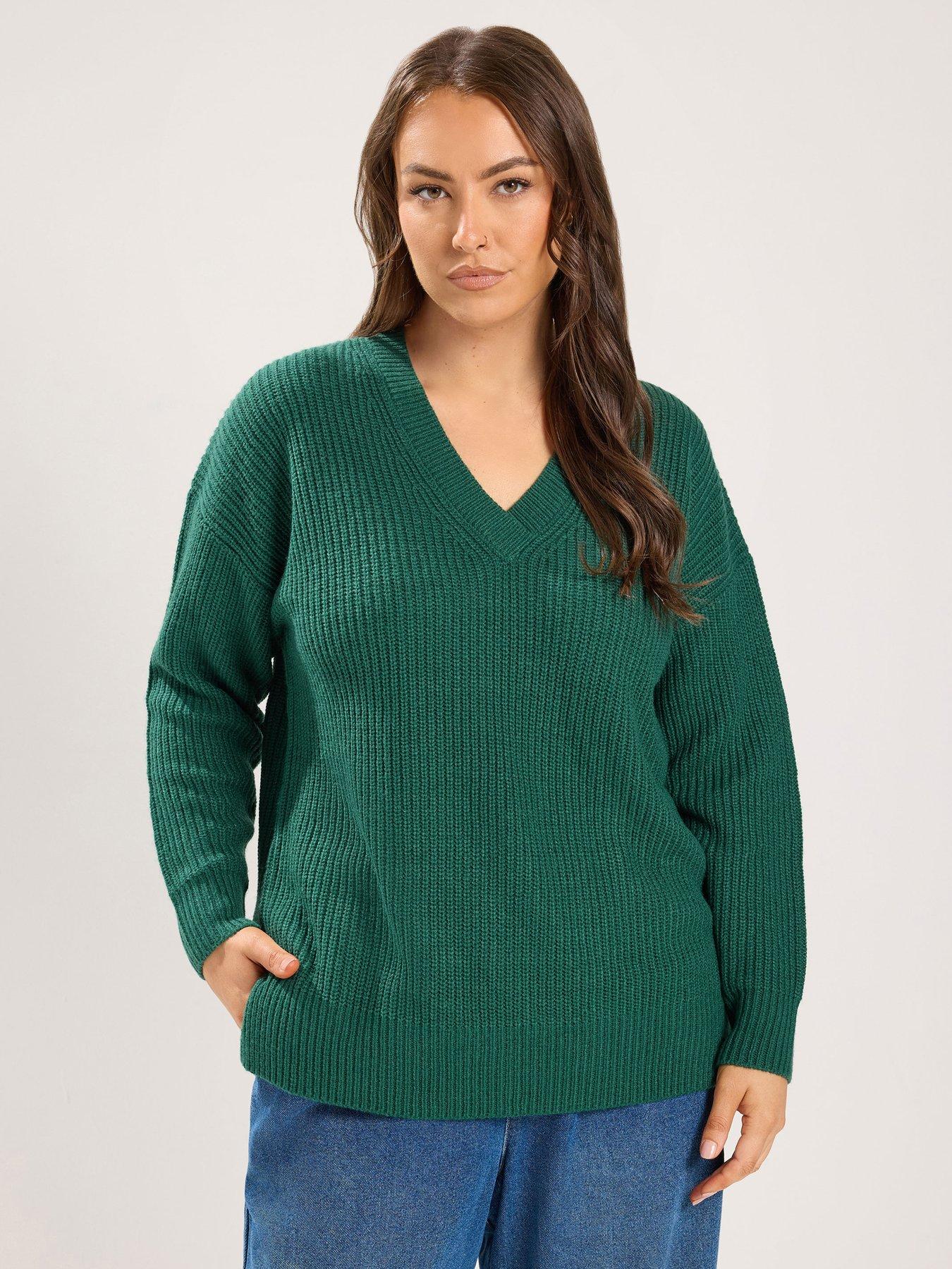 Yours Curve Essential V-Neck Jumper - Green