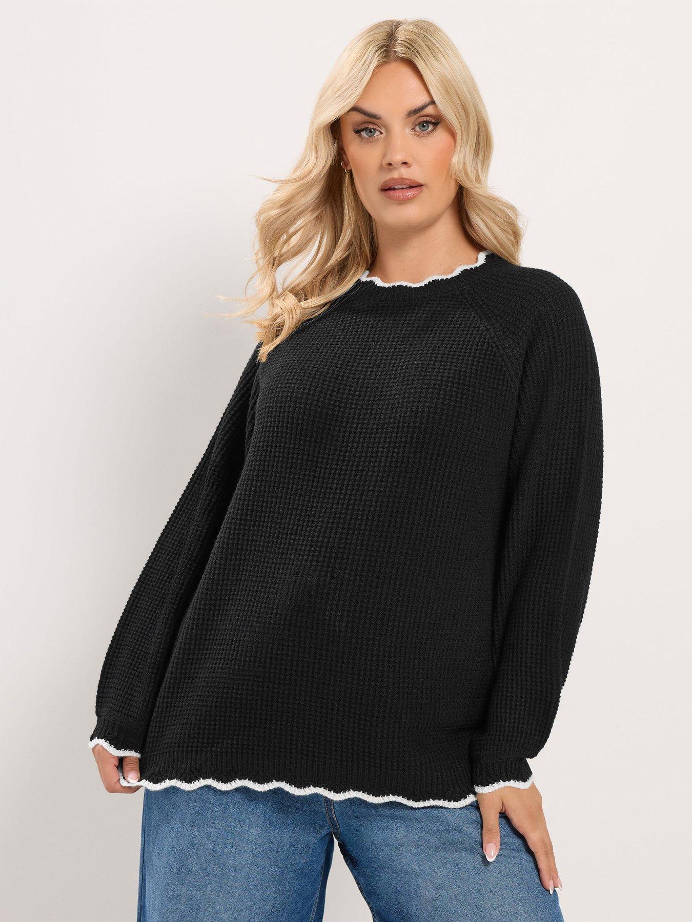 Yours Curve Contrast Waffle Jumper - Black