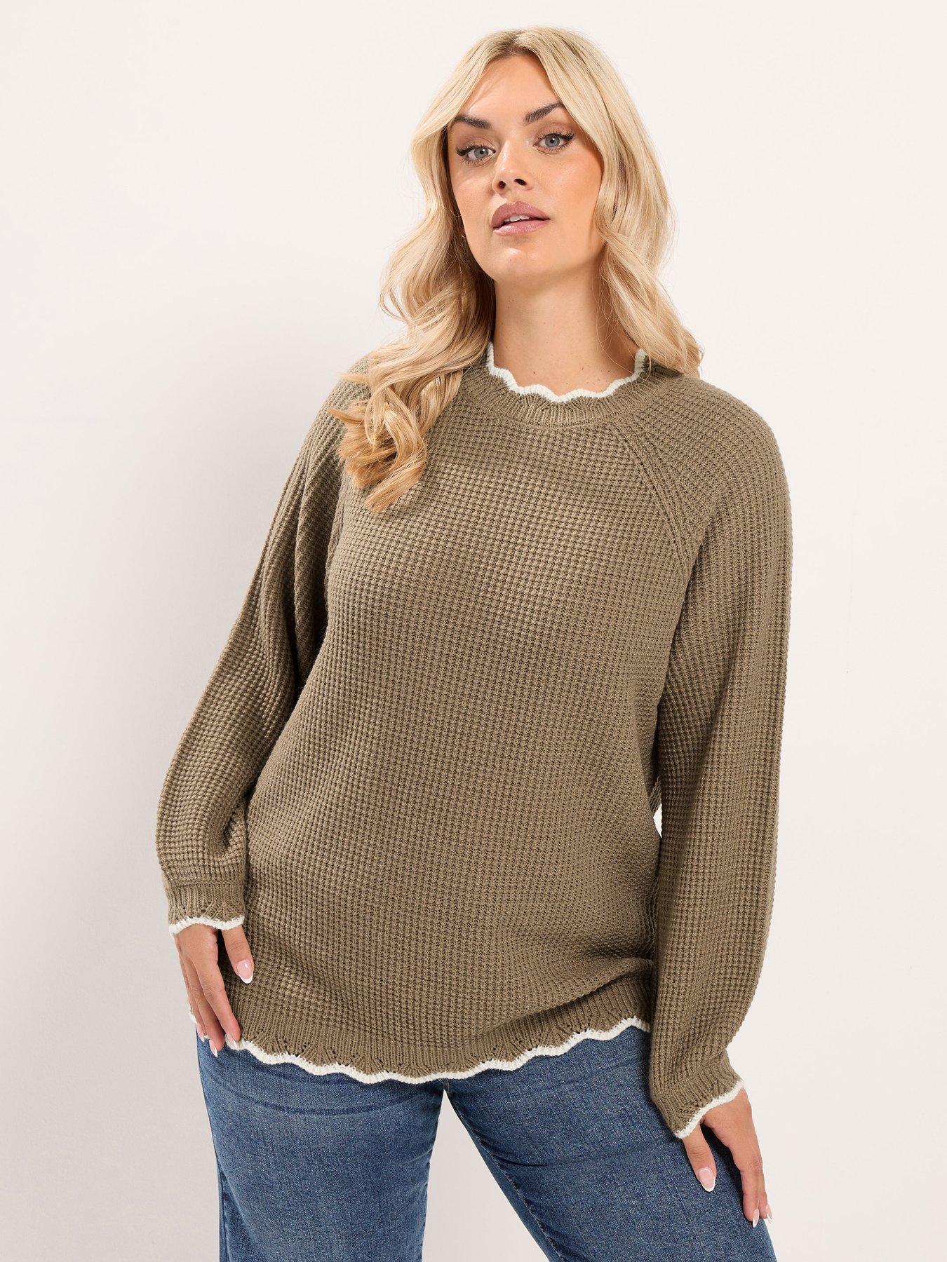 Yours Curve Contrast Waffle Jumper - Brown