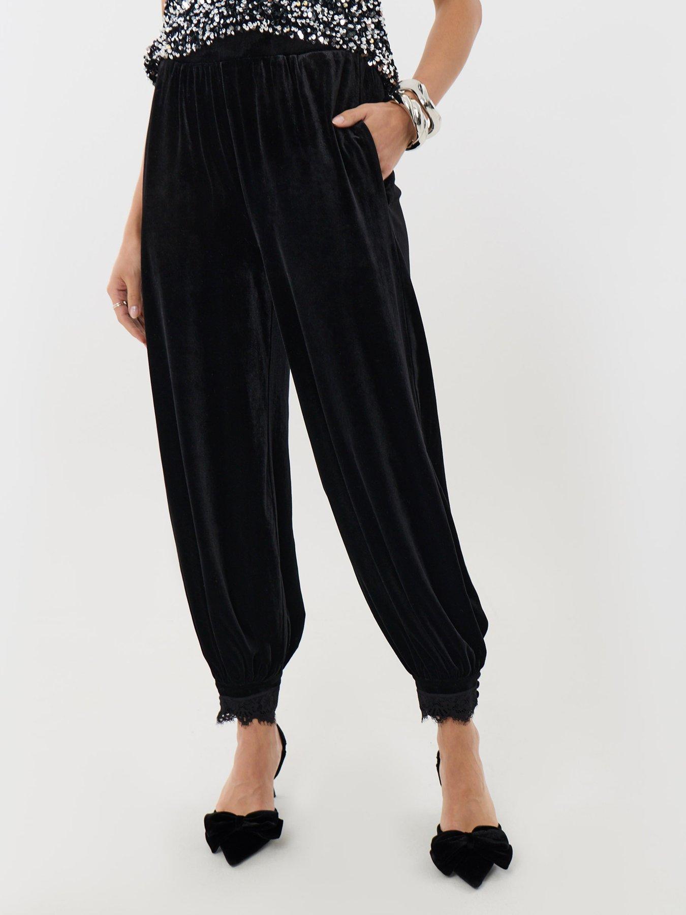 Image 1 of 4 of Threadbare Womens Valinta Velvet Barrel-Leg Lace Cuff Trousers - Black