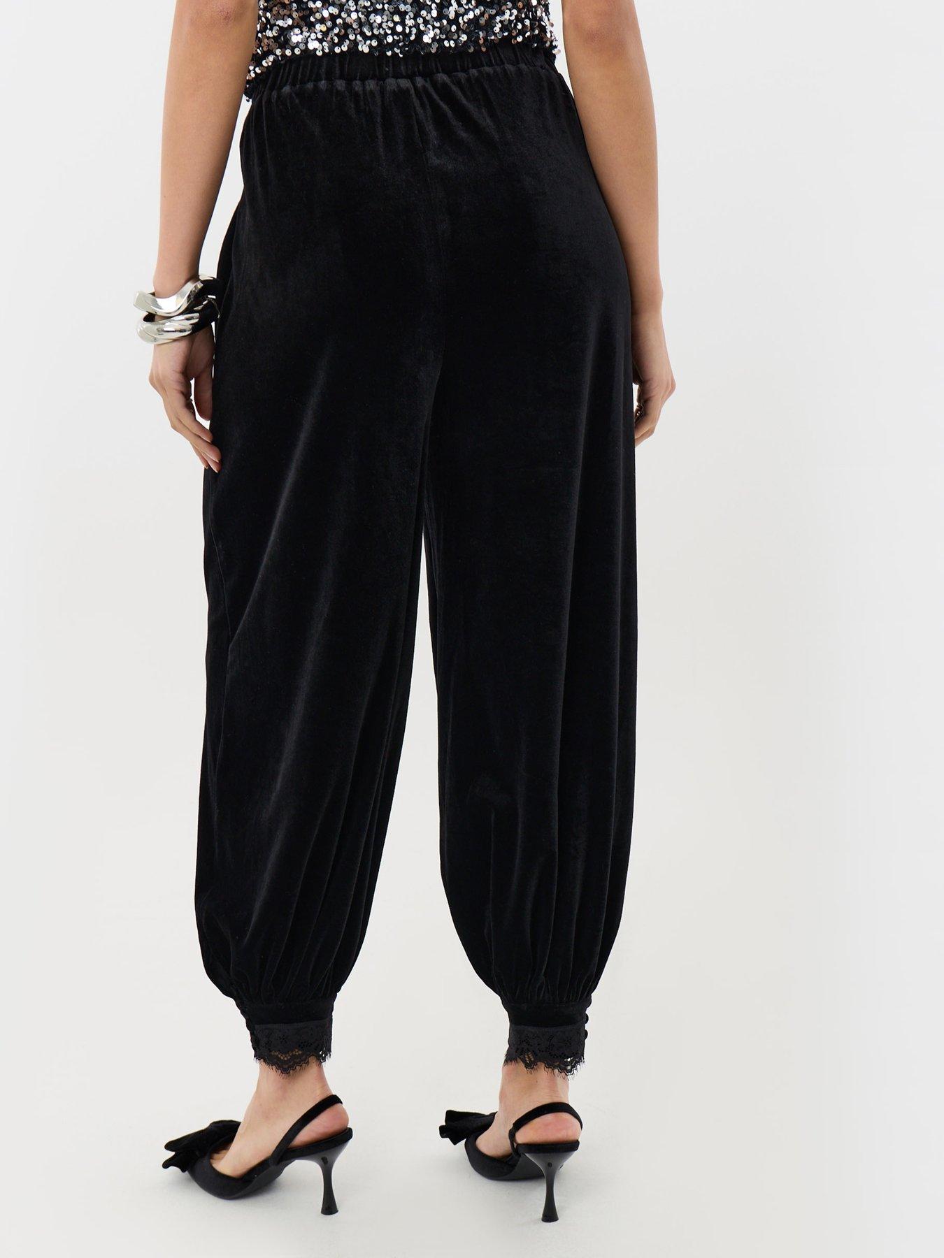 Image 2 of 4 of Threadbare Womens Valinta Velvet Barrel-Leg Lace Cuff Trousers - Black