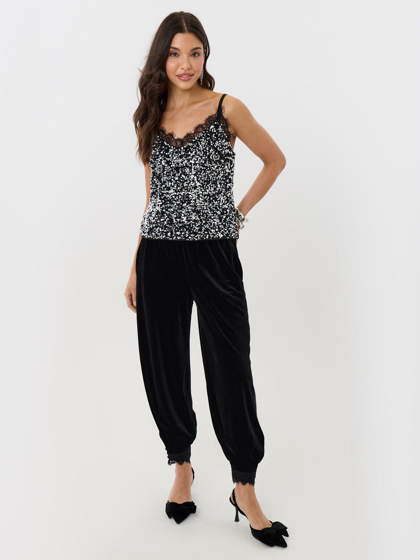 Image 3 of 4 of Threadbare Womens Valinta Velvet Barrel-Leg Lace Cuff Trousers - Black