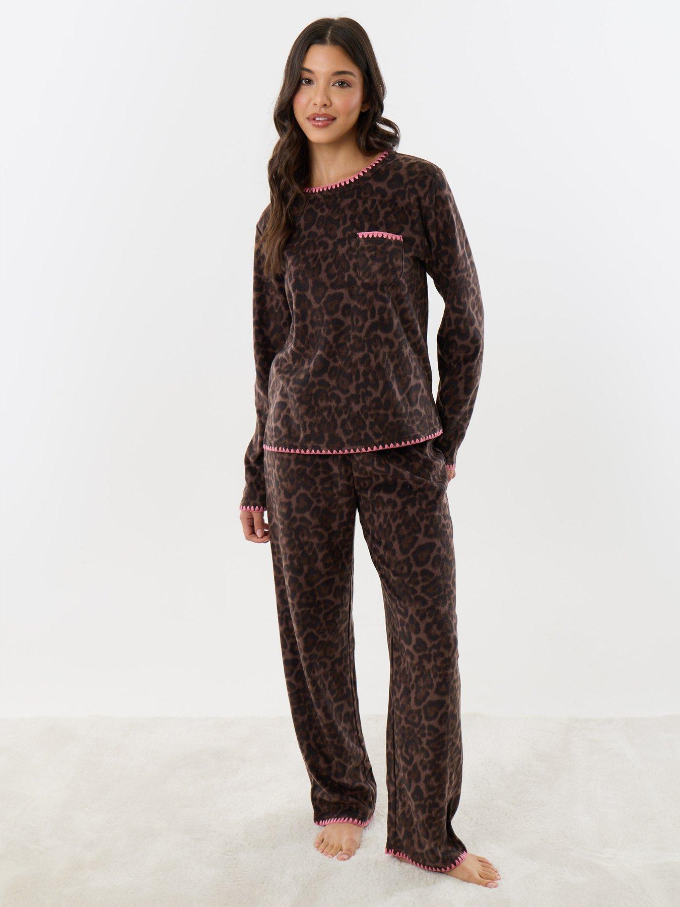 Image 1 of 4 of Threadbare Womens Micro Fleece Leopard Print Pyjama Set - Brown