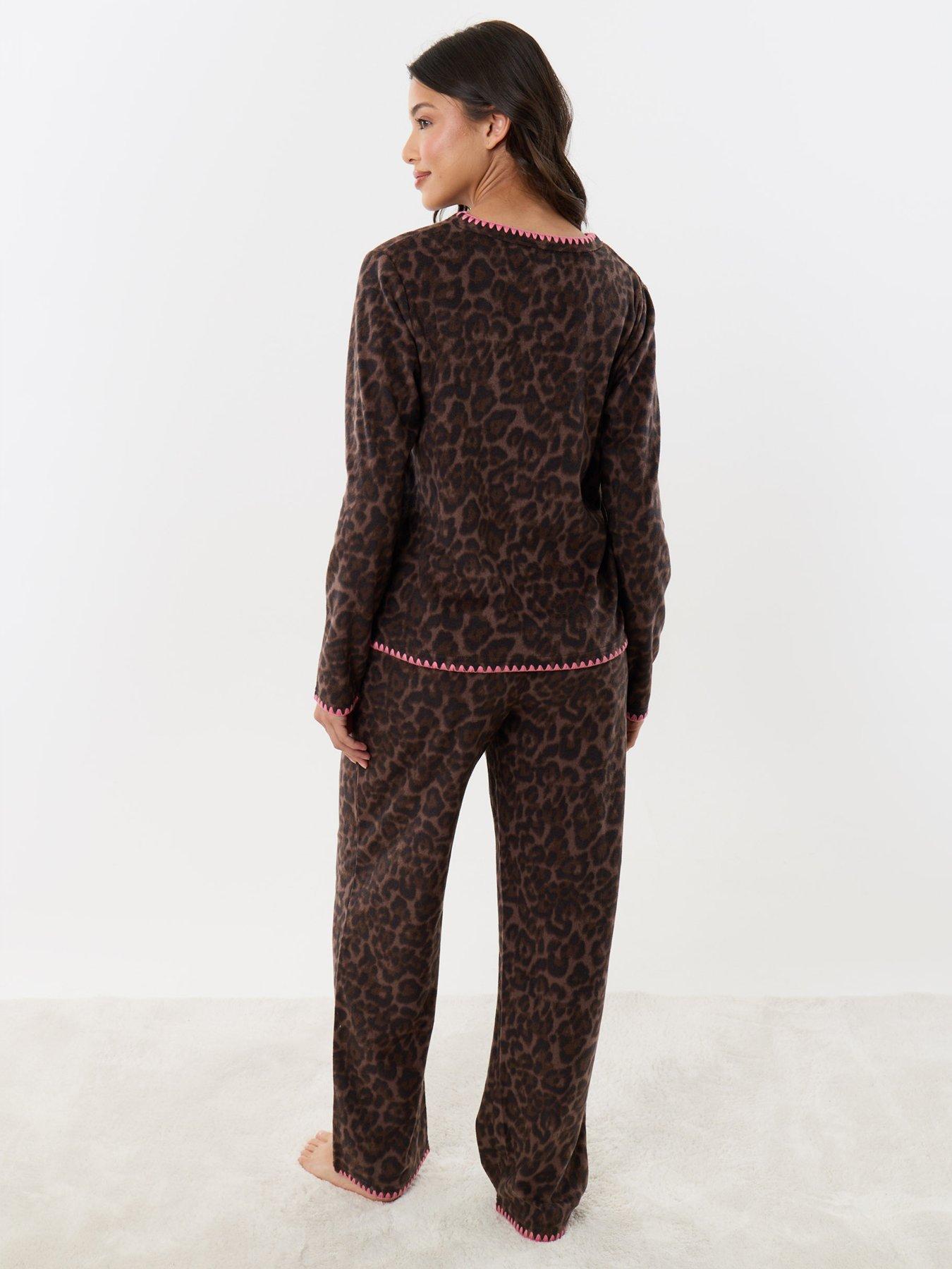 Image 2 of 4 of Threadbare Womens Micro Fleece Leopard Print Pyjama Set - Brown