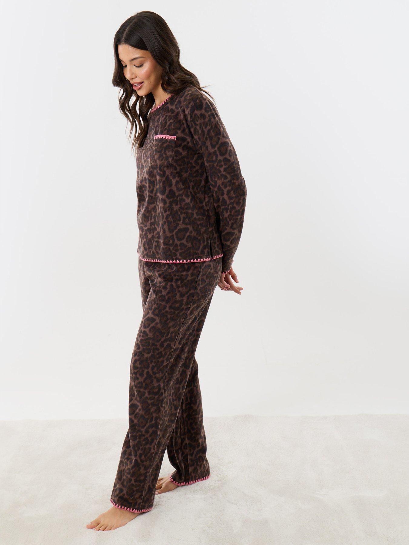 Image 3 of 4 of Threadbare Womens Micro Fleece Leopard Print Pyjama Set - Brown