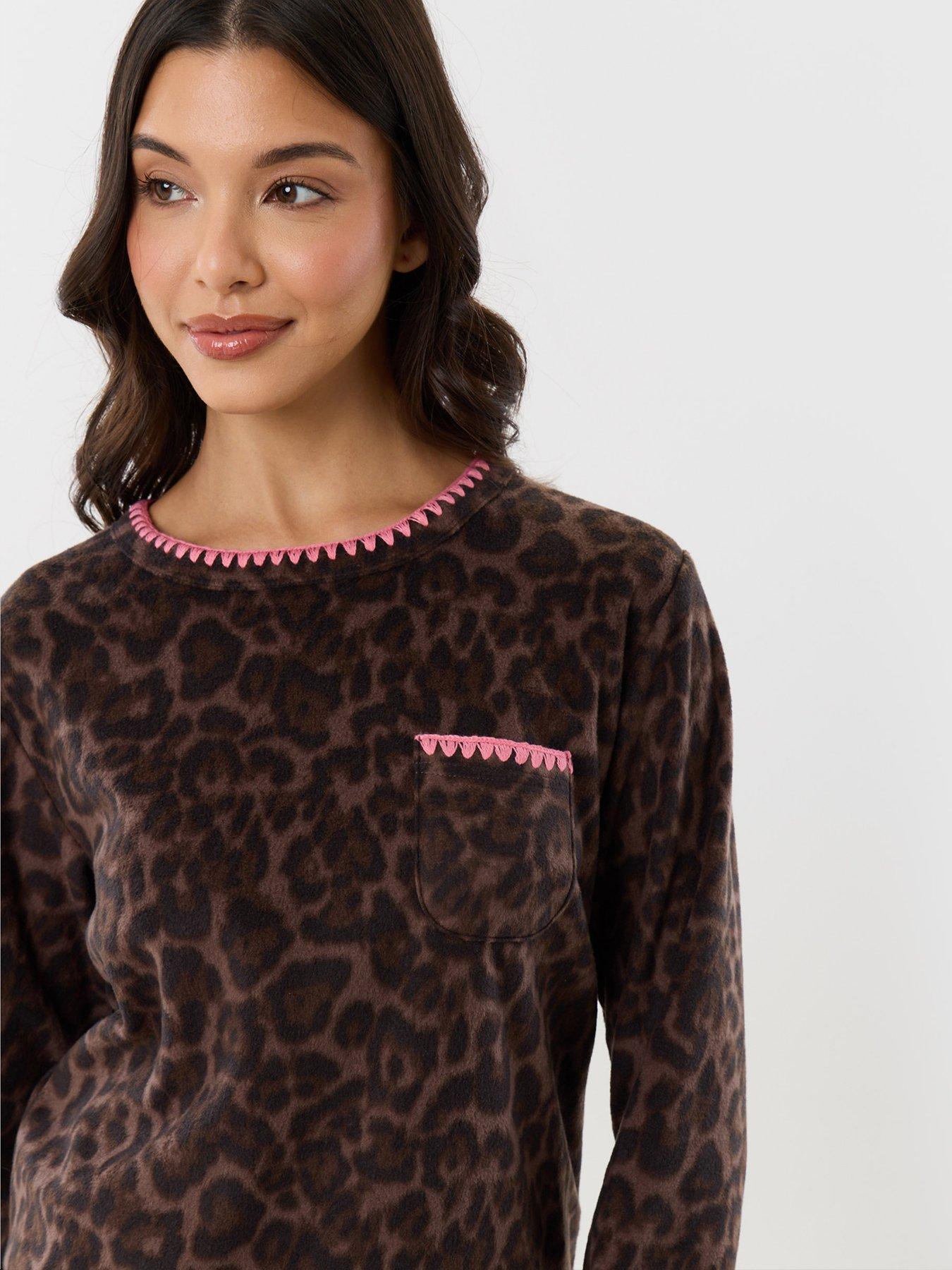 Image 4 of 4 of Threadbare Womens Micro Fleece Leopard Print Pyjama Set - Brown