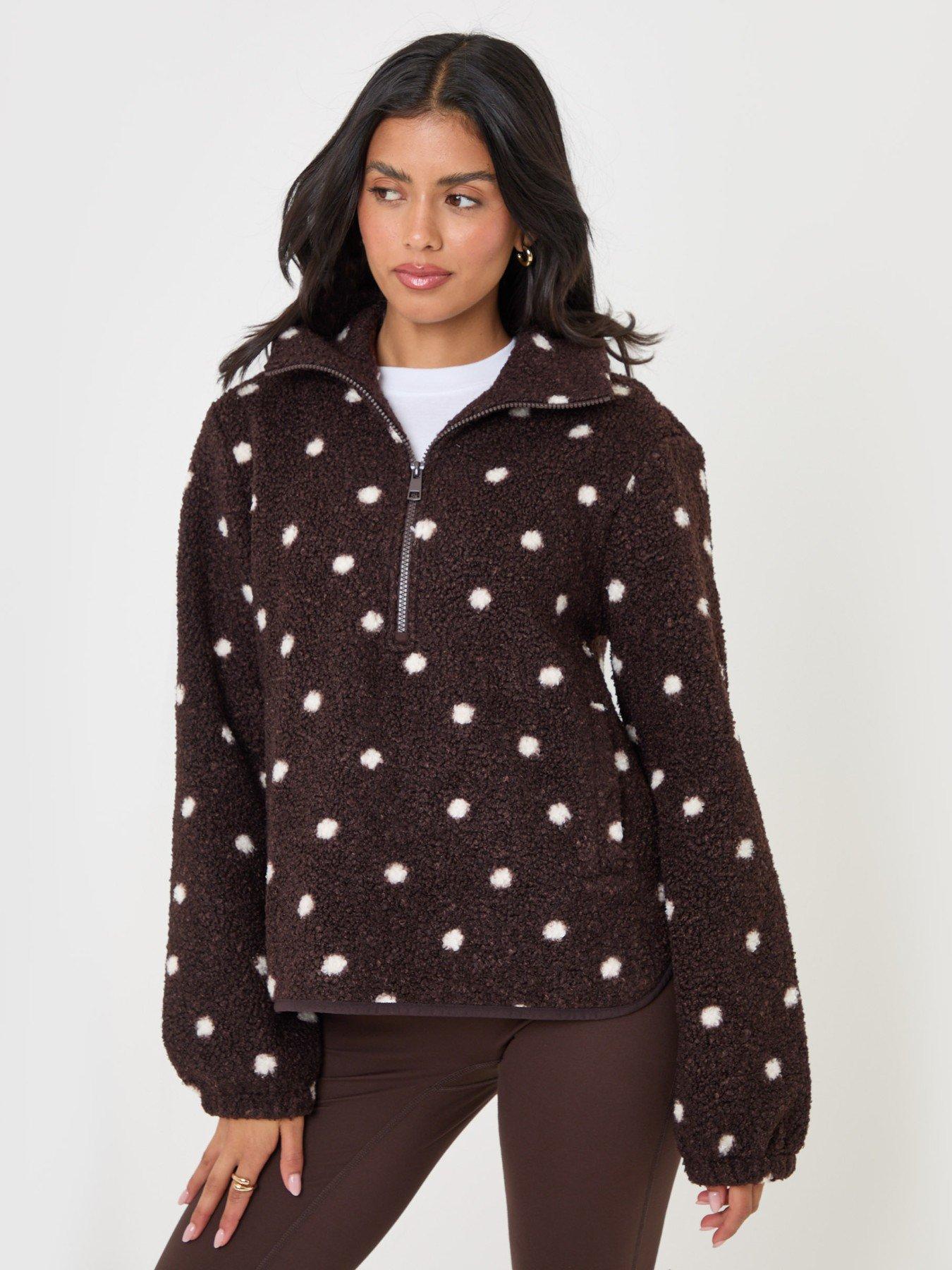 Image 5 of 5 of Threadbare Quarter Zip Fleece In Chocolate Brown Polka Dot