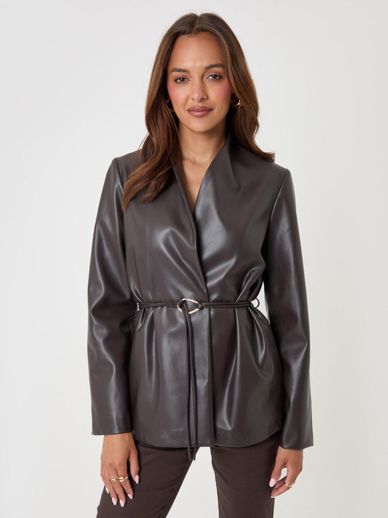 Image 3 of 4 of Threadbare Womens Belted Faux Leather Blazer - Chocolate Brown