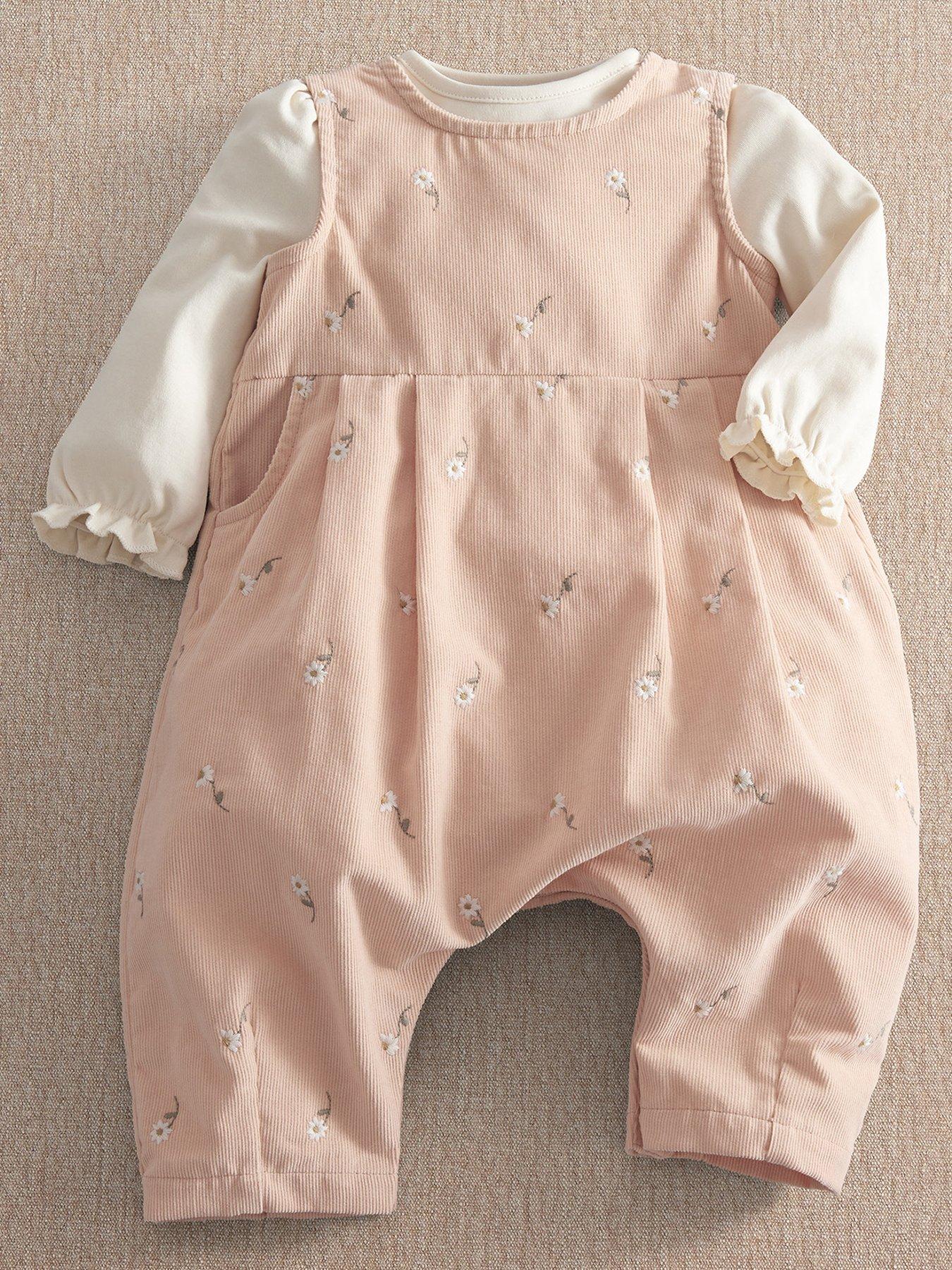 Mamas & Papas Baby Girls 2 Piece Daisy Embroidered Cord Romper & Bodysuit Set - Pink