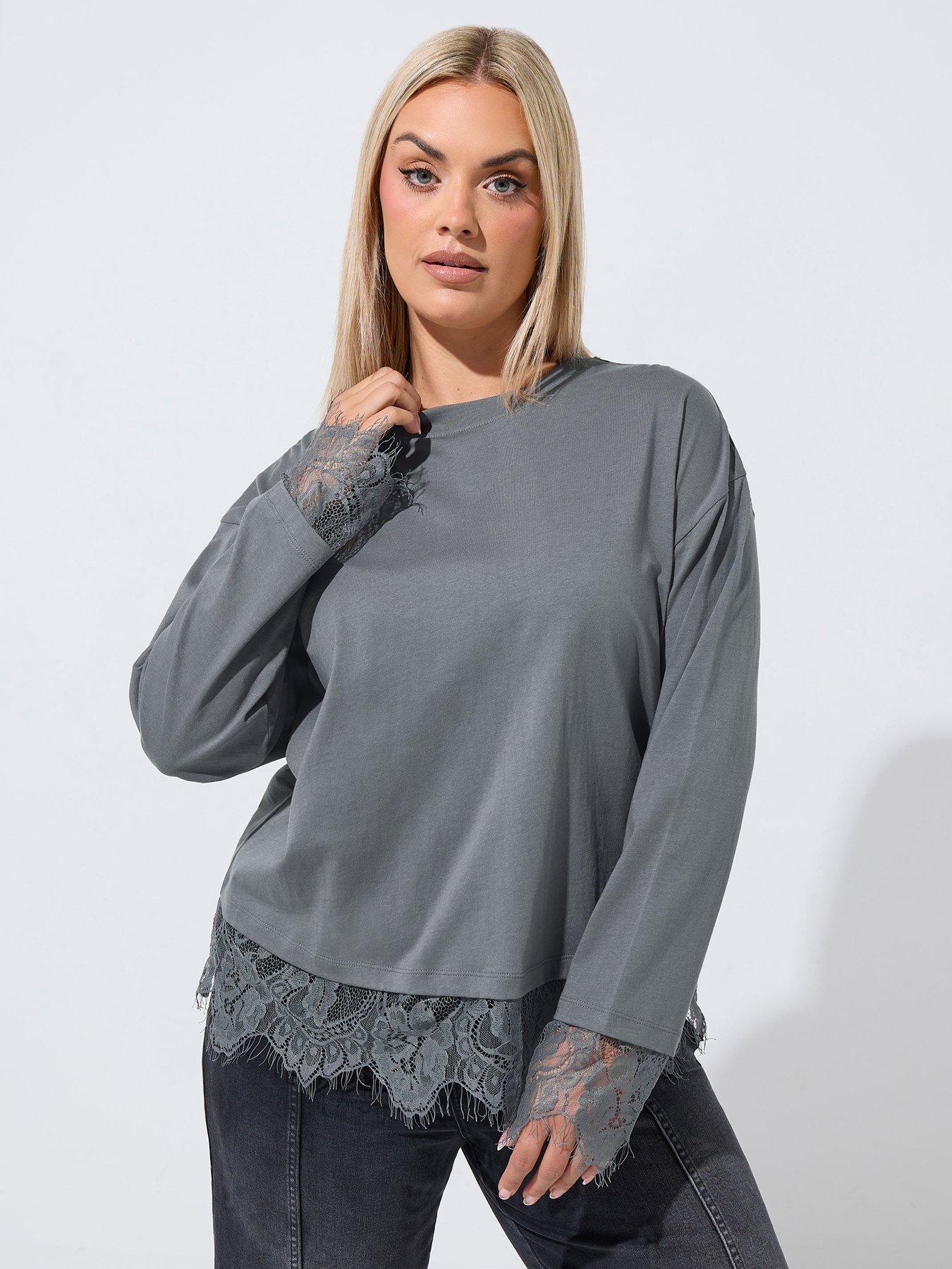 Yours Curve Lace Cuff And Hem Long Sleeve Top - Grey
