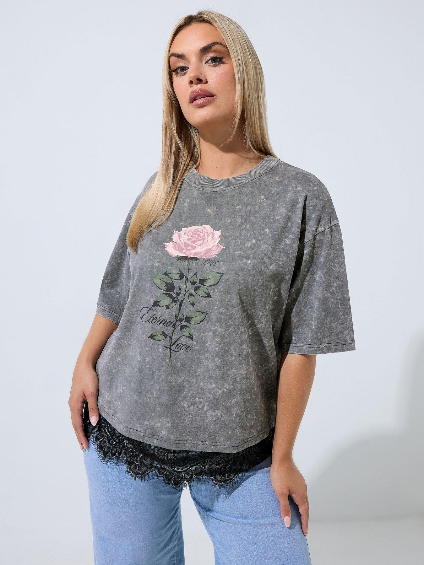 Yours Curve Lace Hem T-Shirt - Grey