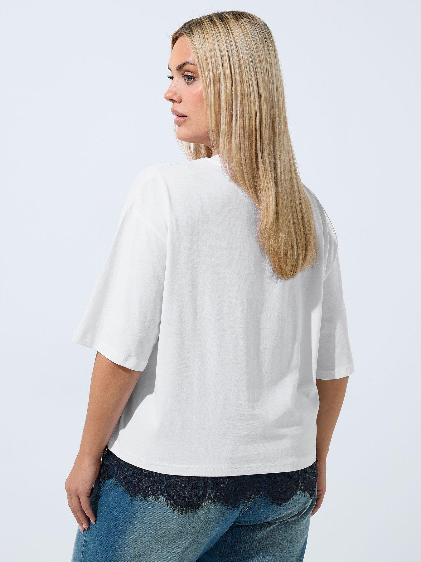 Image 2 of 4 of Yours Curve Lace Hem T-Shirt - White