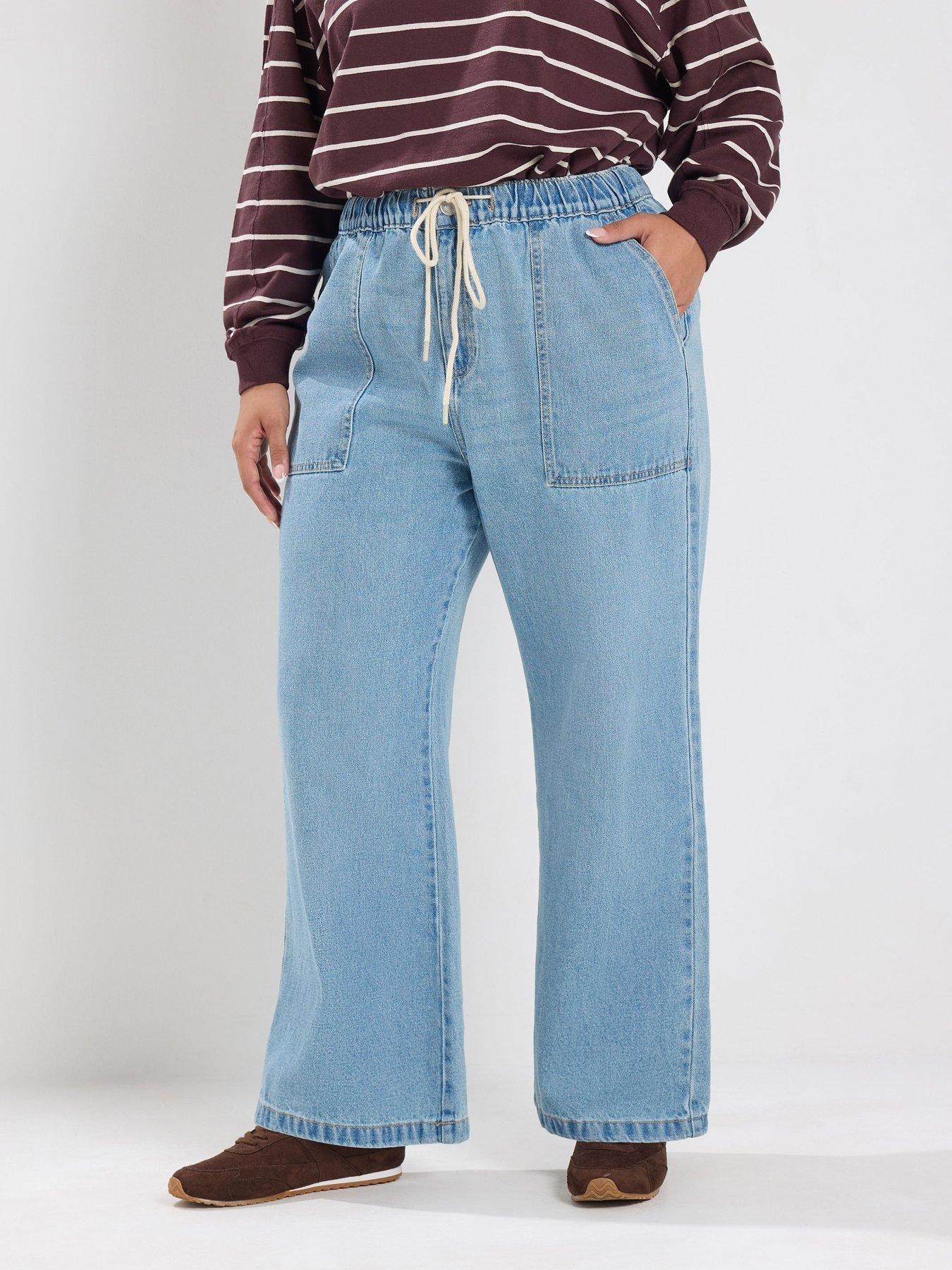 Image 1 of 4 of Yours Curve Shoe Lace Tie Wide Leg 28" Jeans - Blue