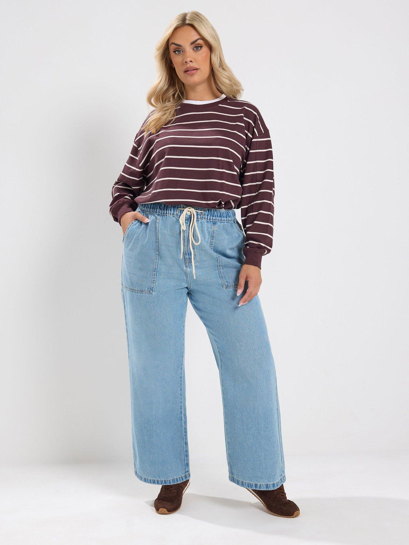 Image 3 of 4 of Yours Curve Shoe Lace Tie Wide Leg 28" Jeans - Blue