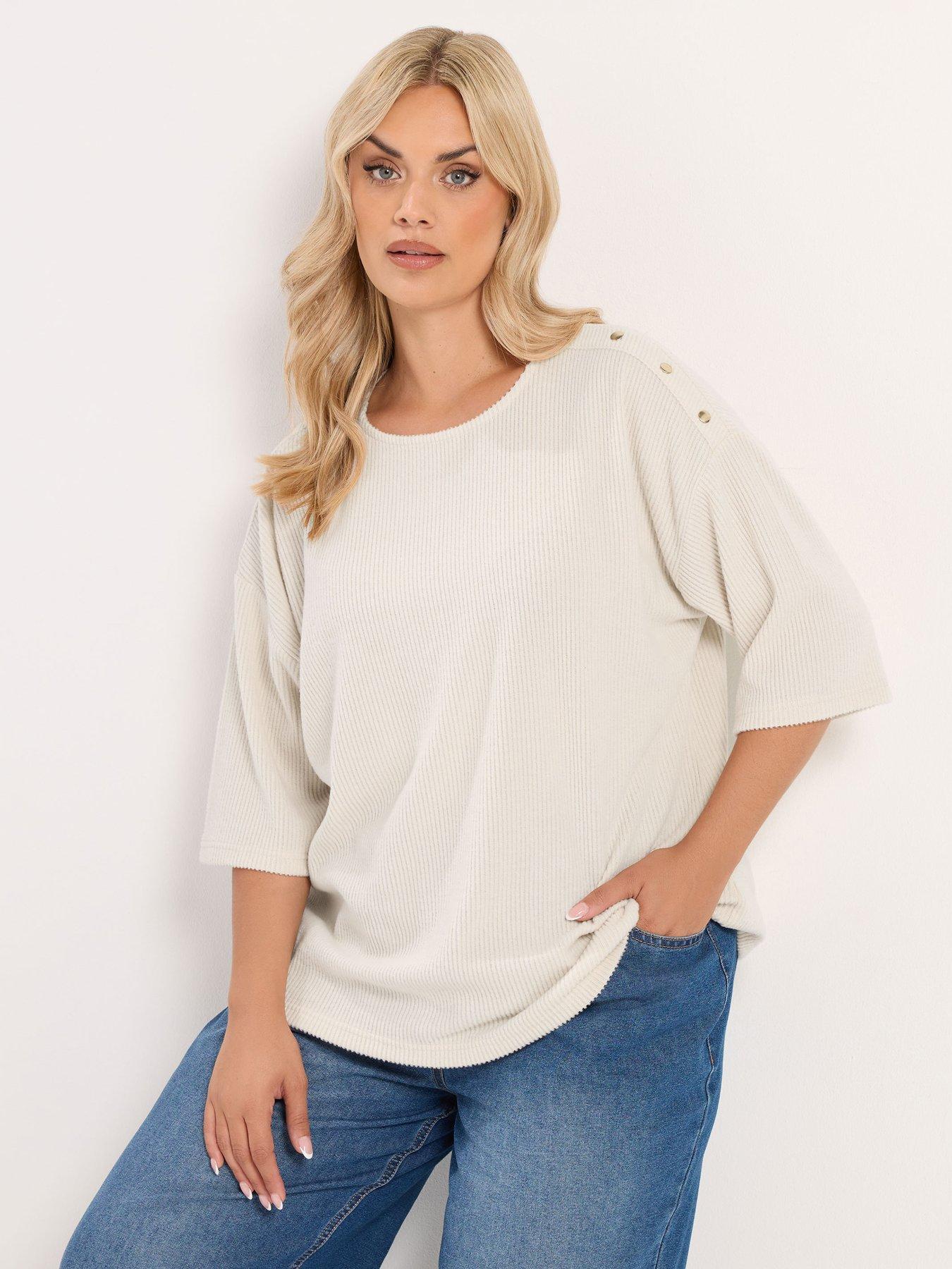 Image 1 of 4 of Yours Curve Ribbed Button Top - Cream