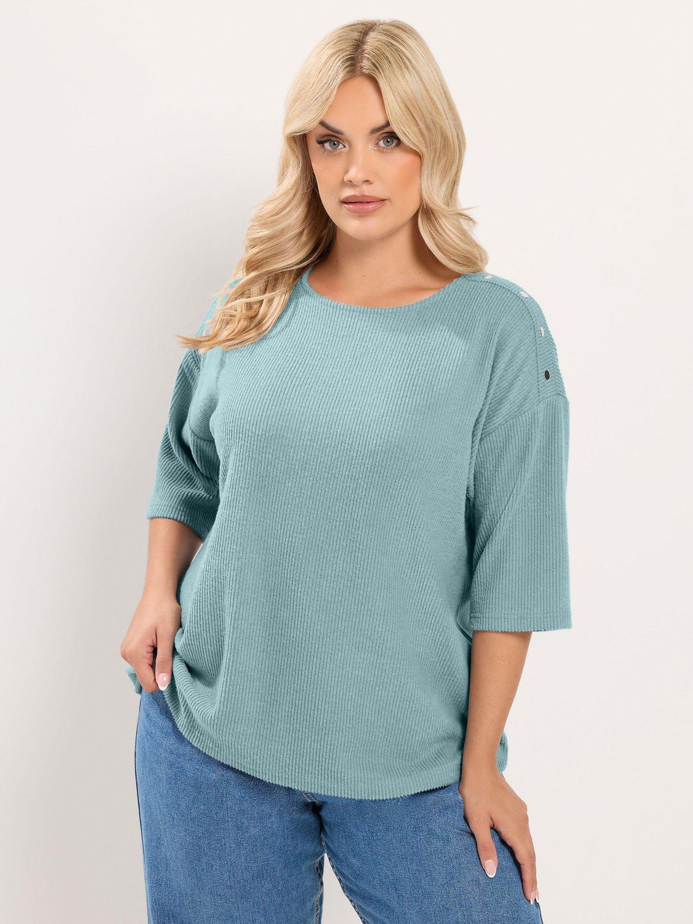 Yours Curve Ribbed Button Top - Blue