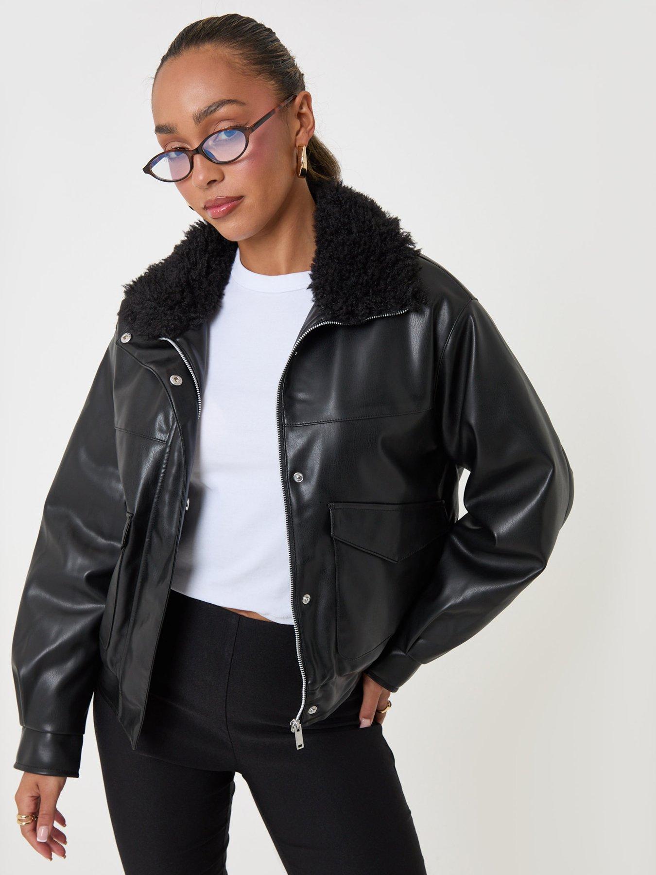 Image 1 of 4 of Threadbare Womens Faux Leather Borg Collar Zip Jacket - Black