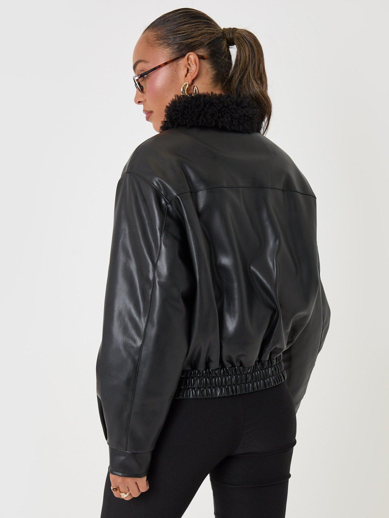 Image 2 of 4 of Threadbare Womens Faux Leather Borg Collar Zip Jacket - Black