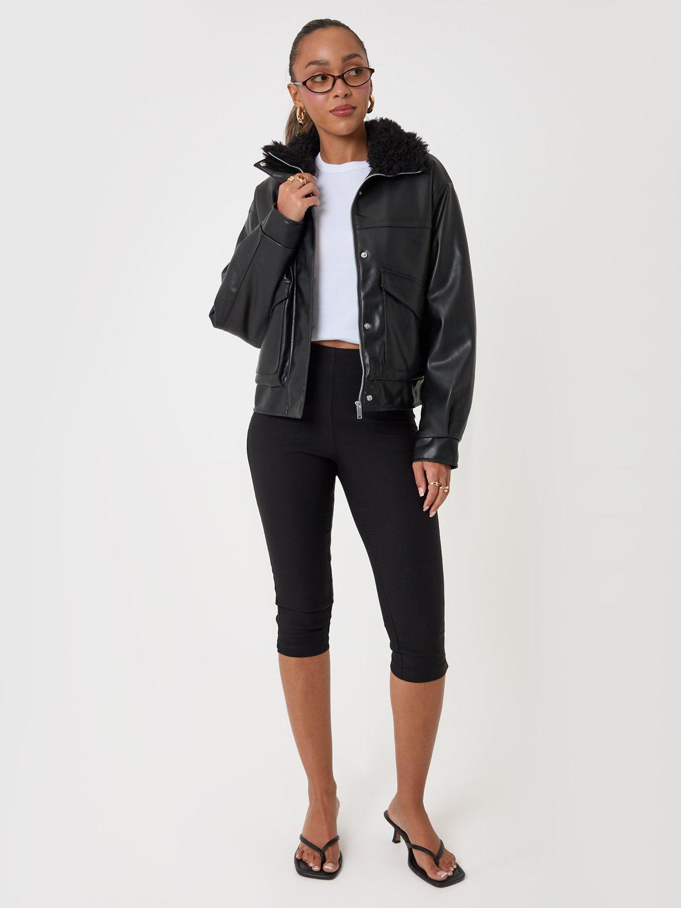 Image 3 of 4 of Threadbare Womens Faux Leather Borg Collar Zip Jacket - Black