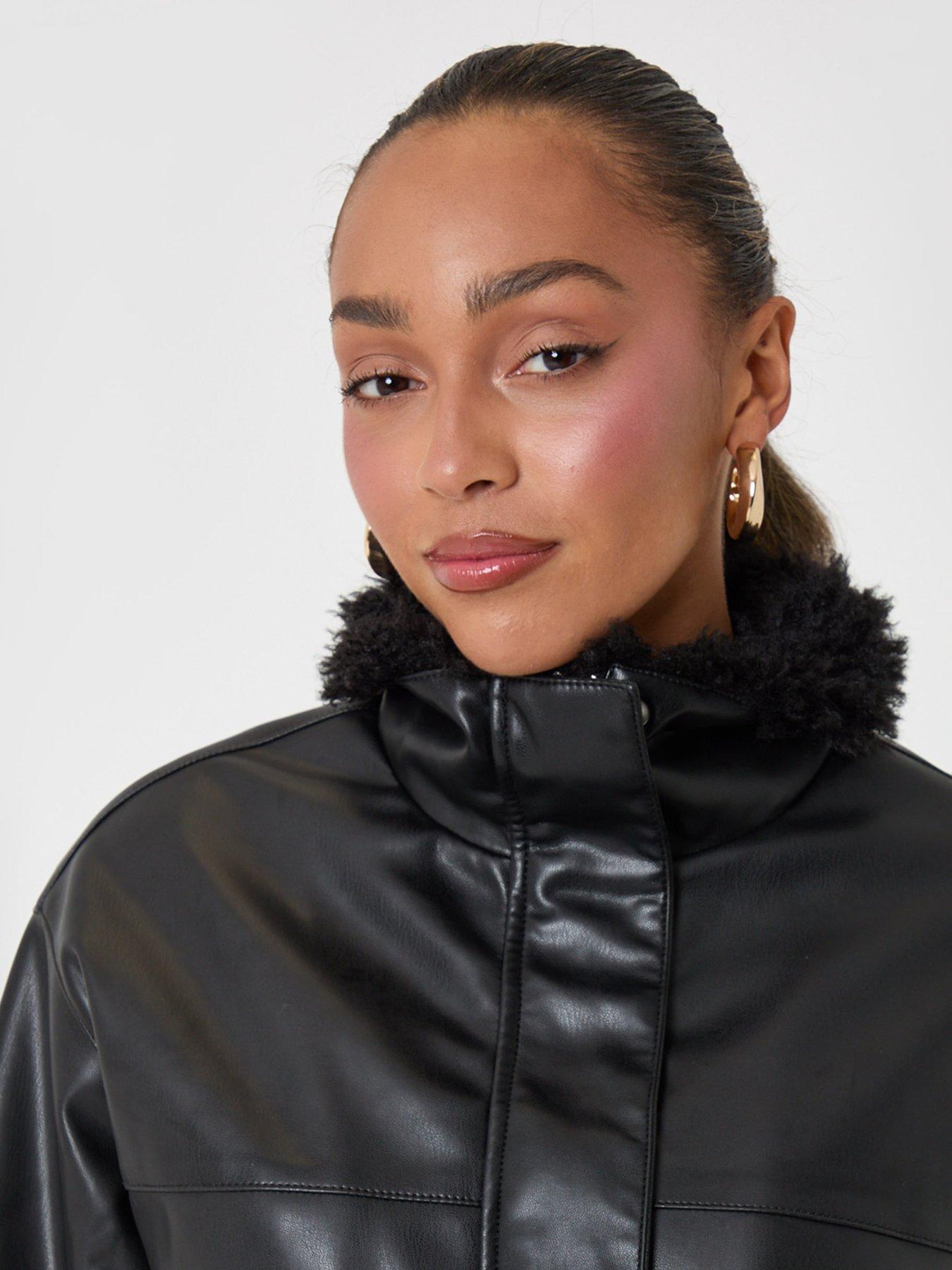 Image 4 of 4 of Threadbare Womens Faux Leather Borg Collar Zip Jacket - Black