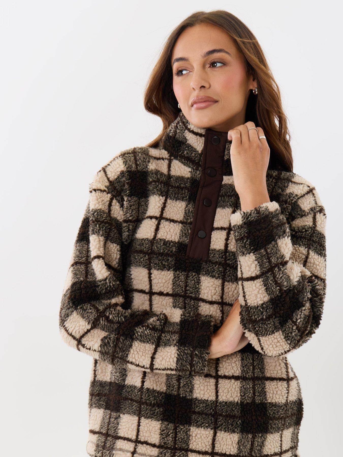 Image 1 of 4 of Threadbare Womens Borg Funnel Neck Fleece - Ecru Check