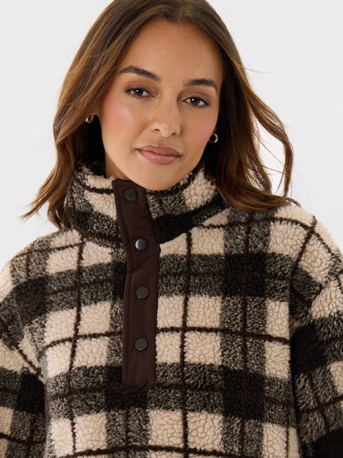 Image 4 of 4 of Threadbare Womens Borg Funnel Neck Fleece - Ecru Check