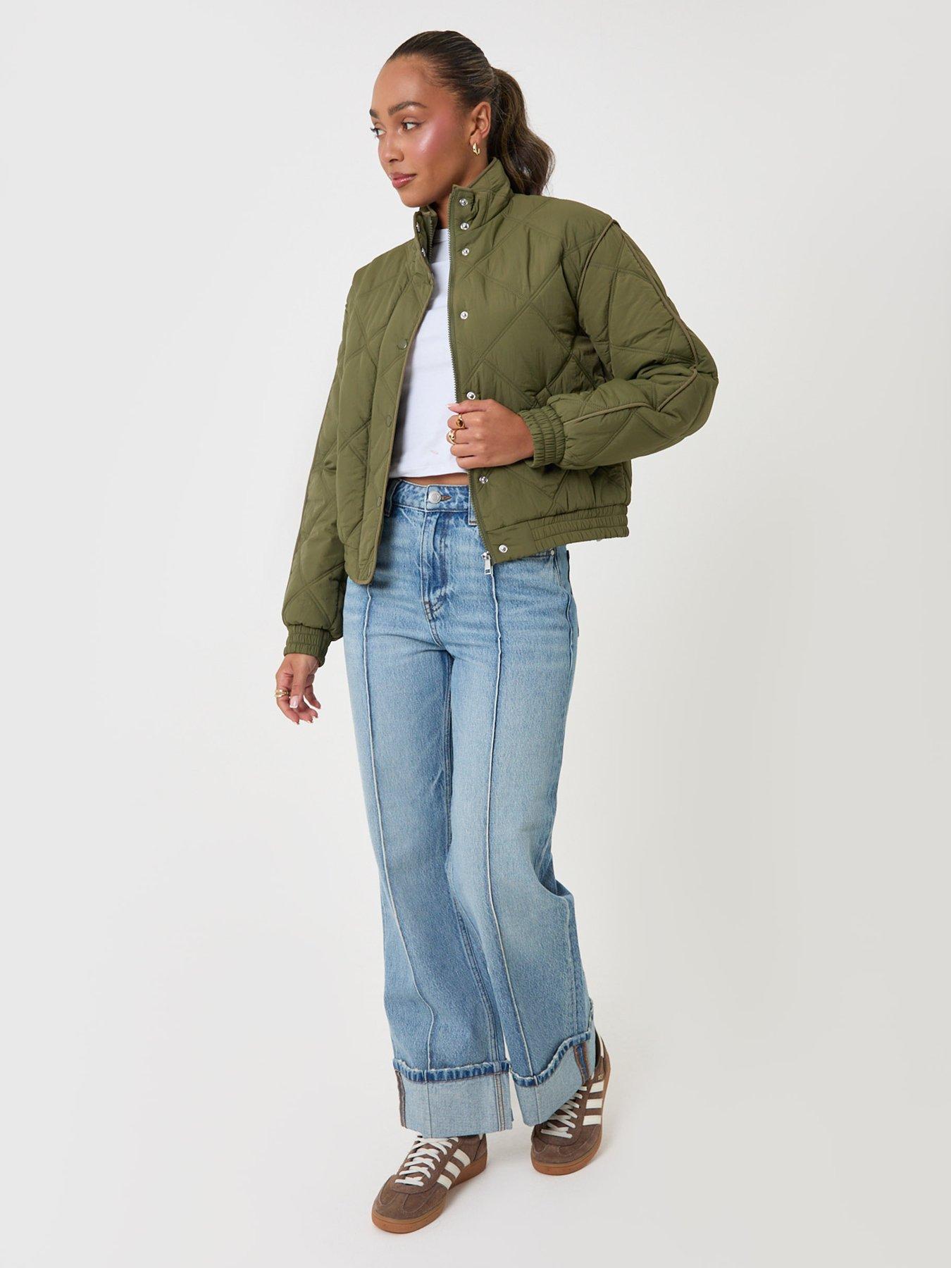 Image 3 of 4 of Threadbare Quilted Funnel Neck Bomber Jacket In Khaki