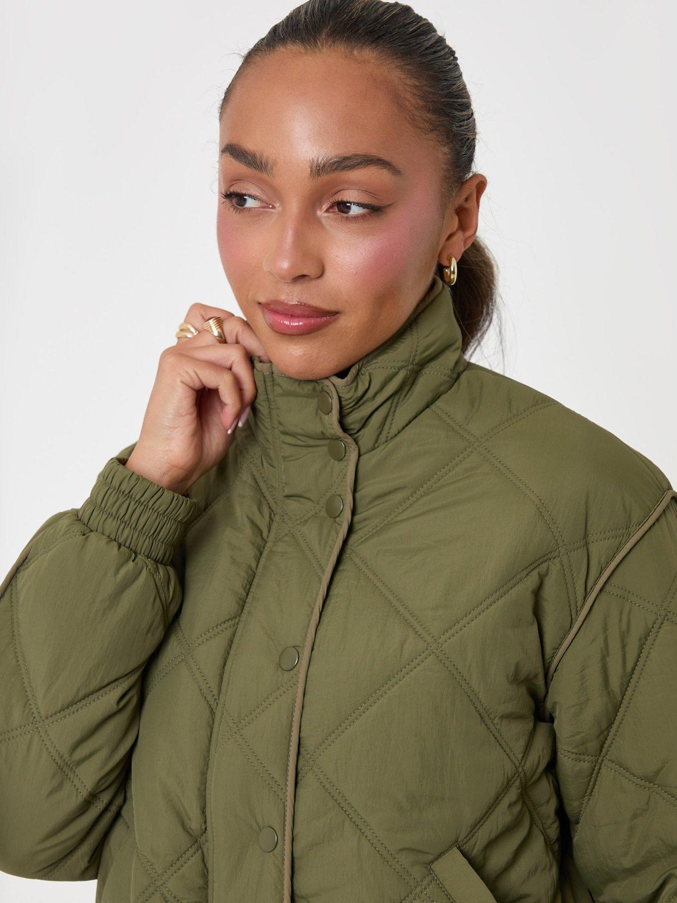 Image 4 of 4 of Threadbare Quilted Funnel Neck Bomber Jacket In Khaki