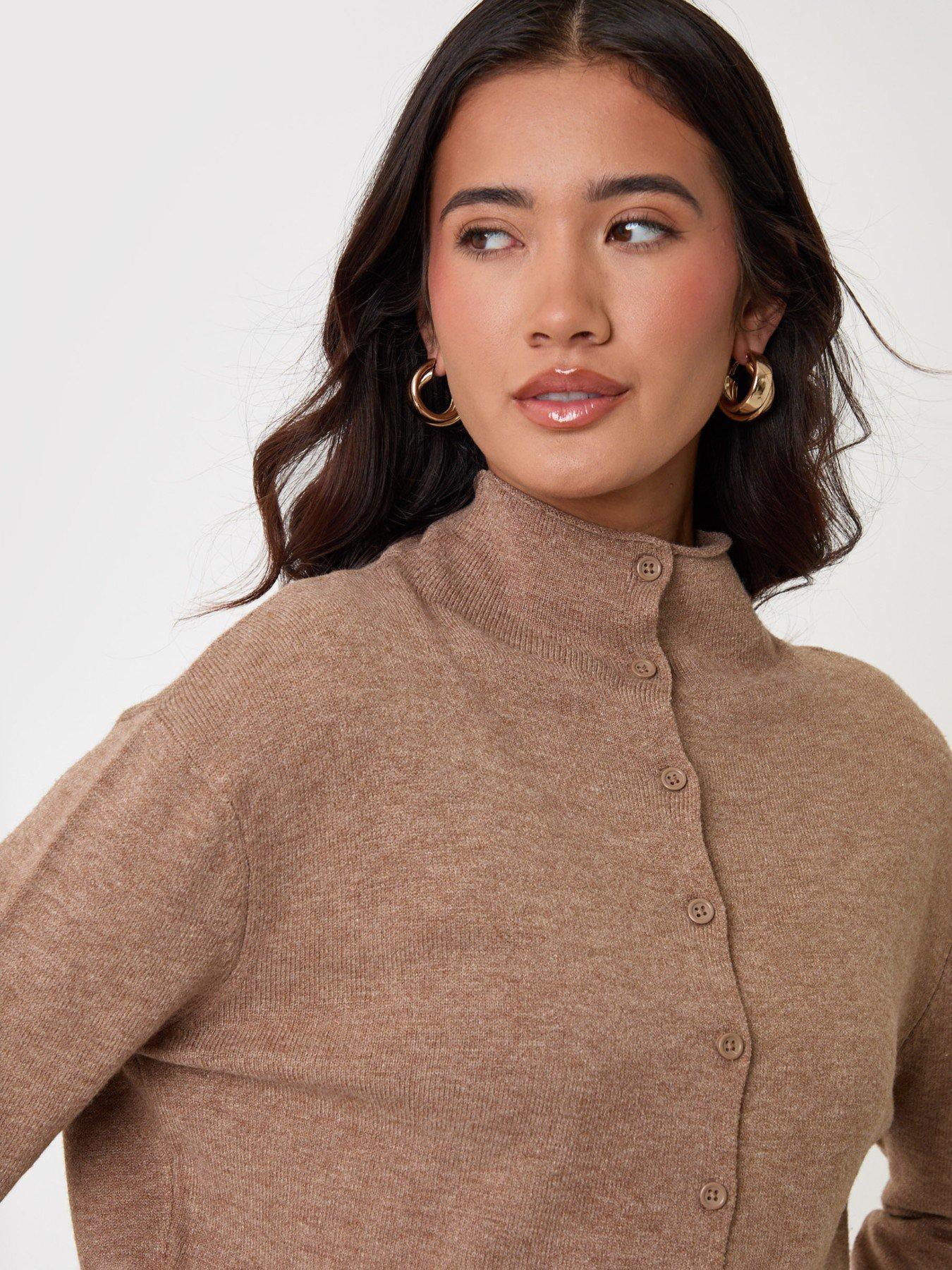 Image 4 of 5 of Threadbare Compact Knit Funnel Neck Cardigan In Beige