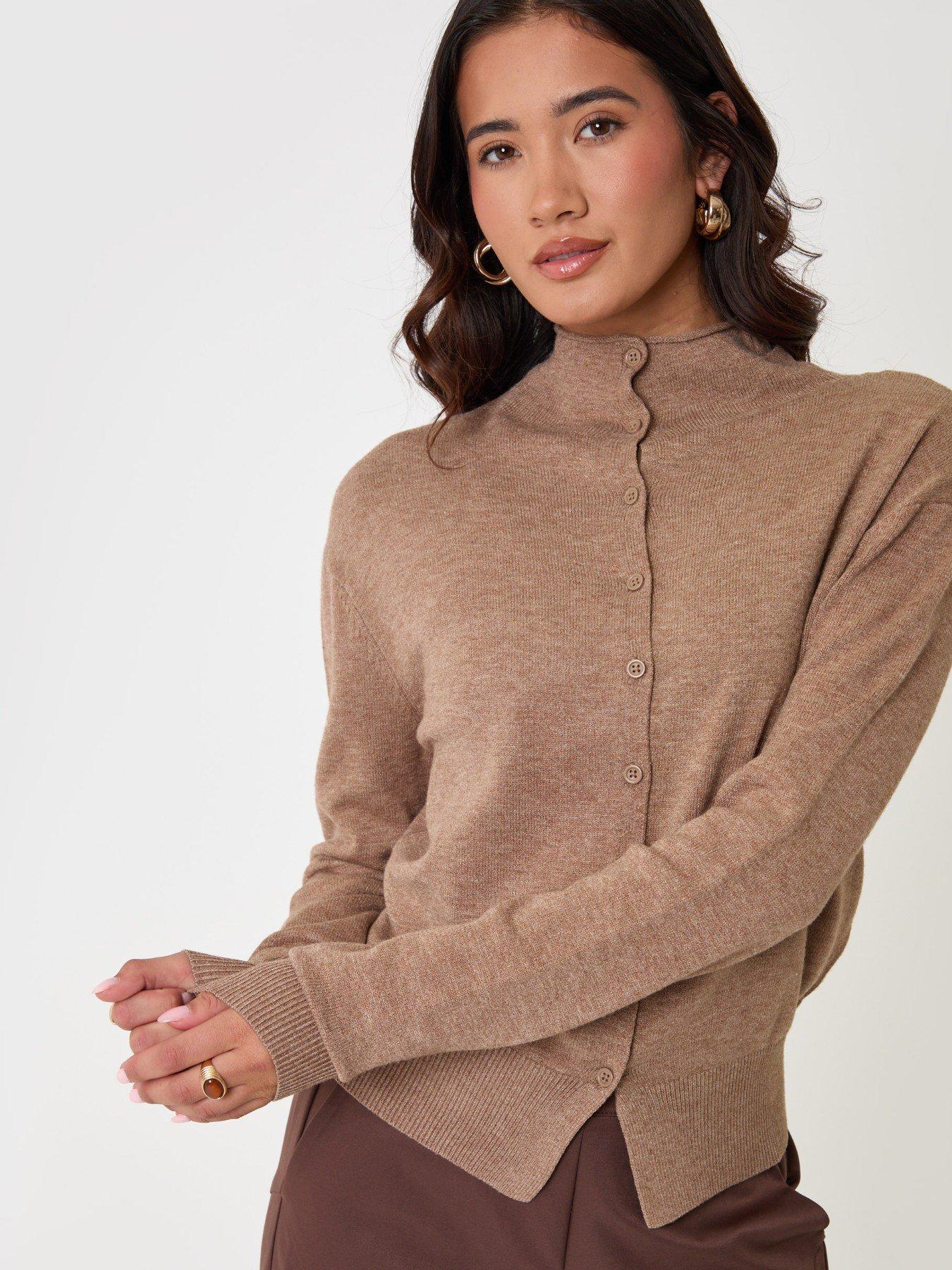 Image 5 of 5 of Threadbare Compact Knit Funnel Neck Cardigan In Beige