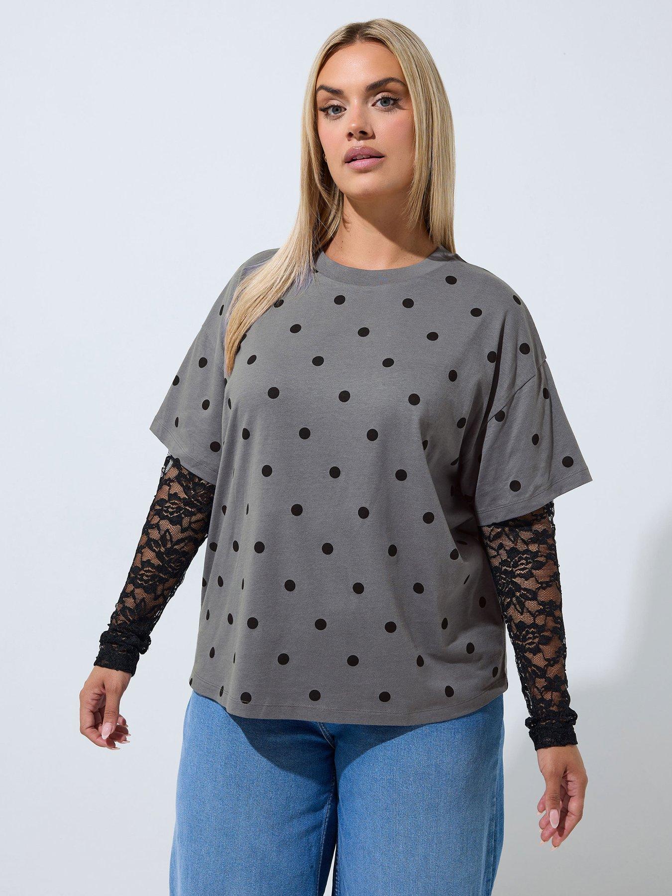 Yours Curve Lace Sleeve Polka Dot T-Shirt - Grey