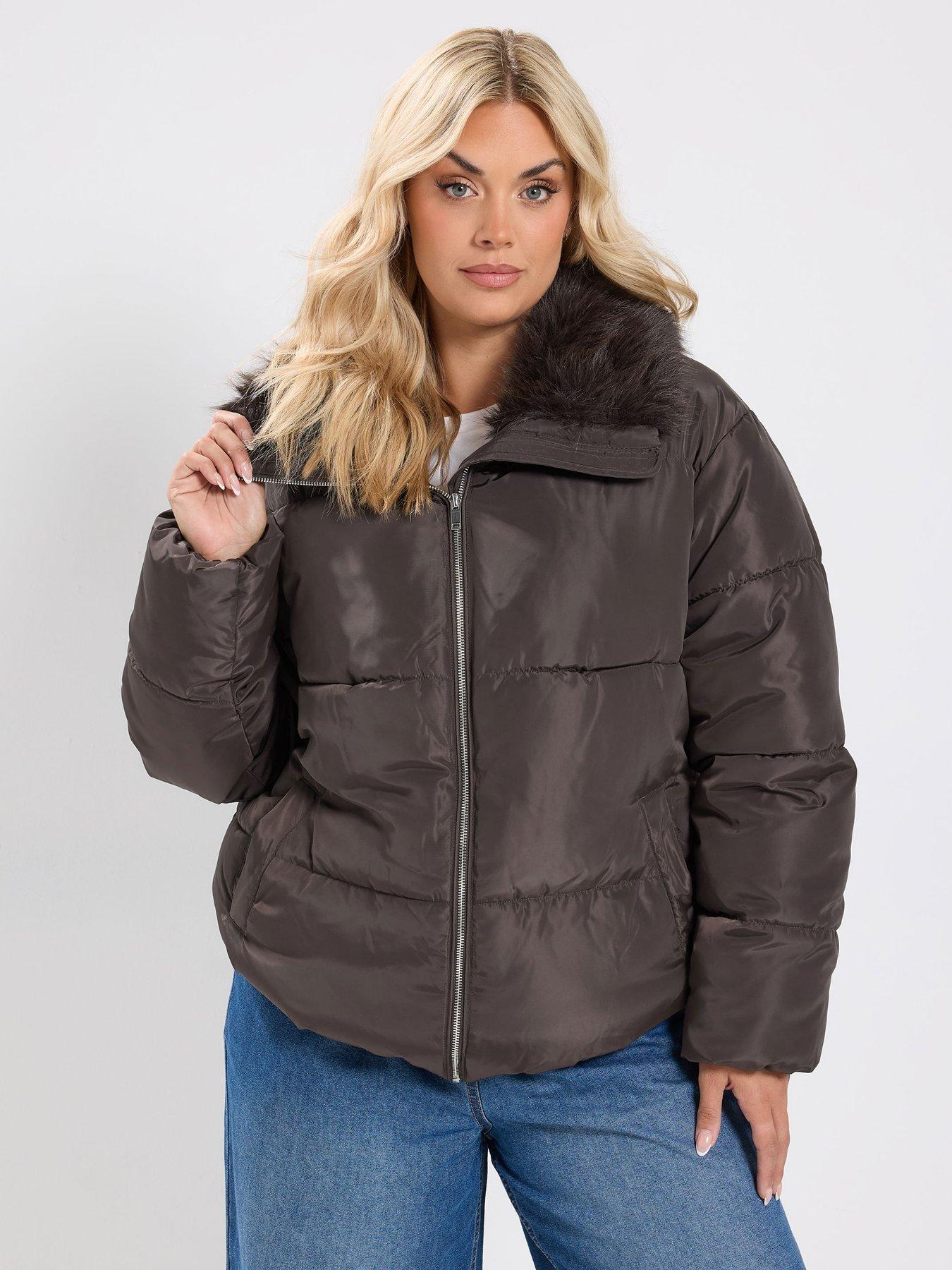 Image 1 of 4 of Yours Curve Funnel Neck Padded Coat - Brown