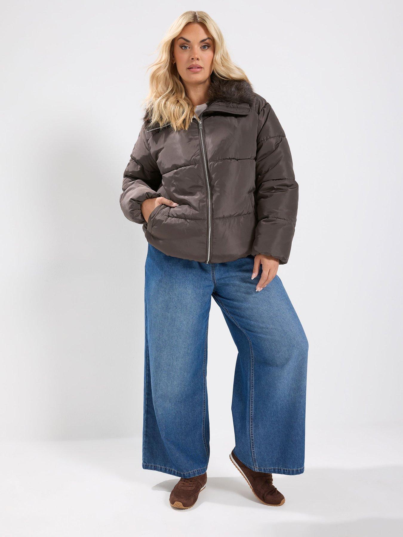Image 3 of 4 of Yours Curve Funnel Neck Padded Coat - Brown