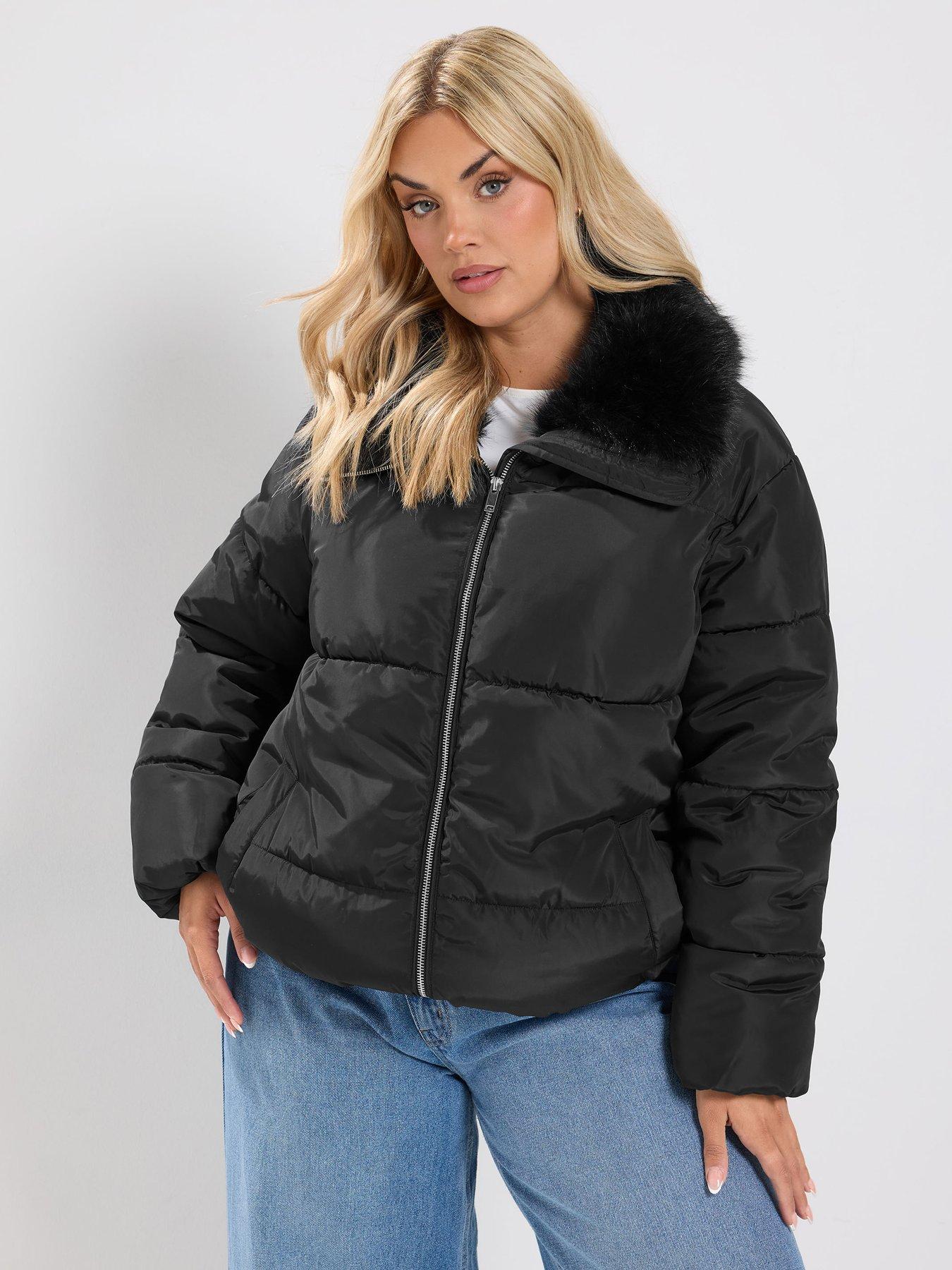 Image 1 of 4 of Yours Curve Funnel Neck Padded Coat - Black