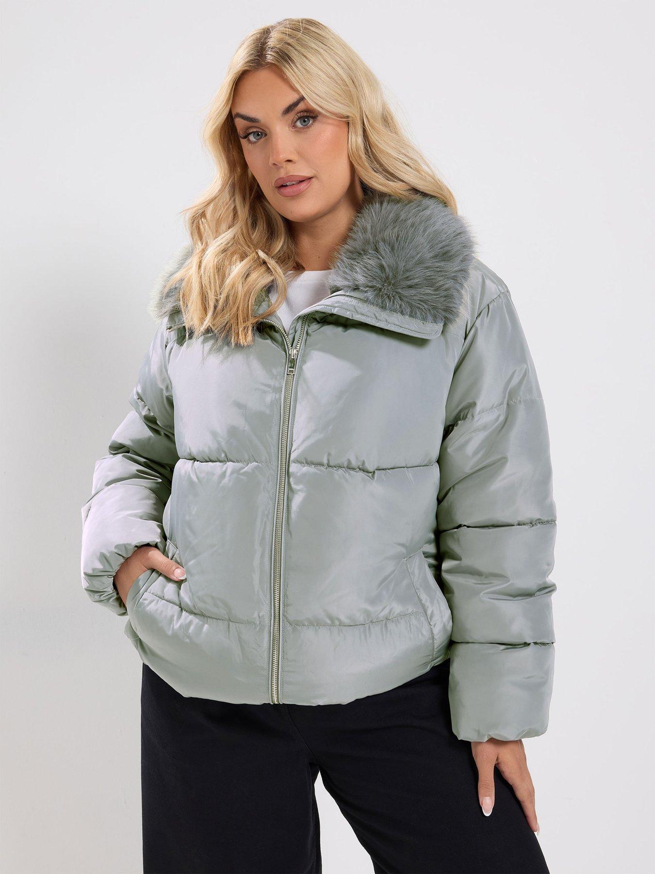 Image 1 of 4 of Yours Curve Funnel Neck Padded Coat - Grey