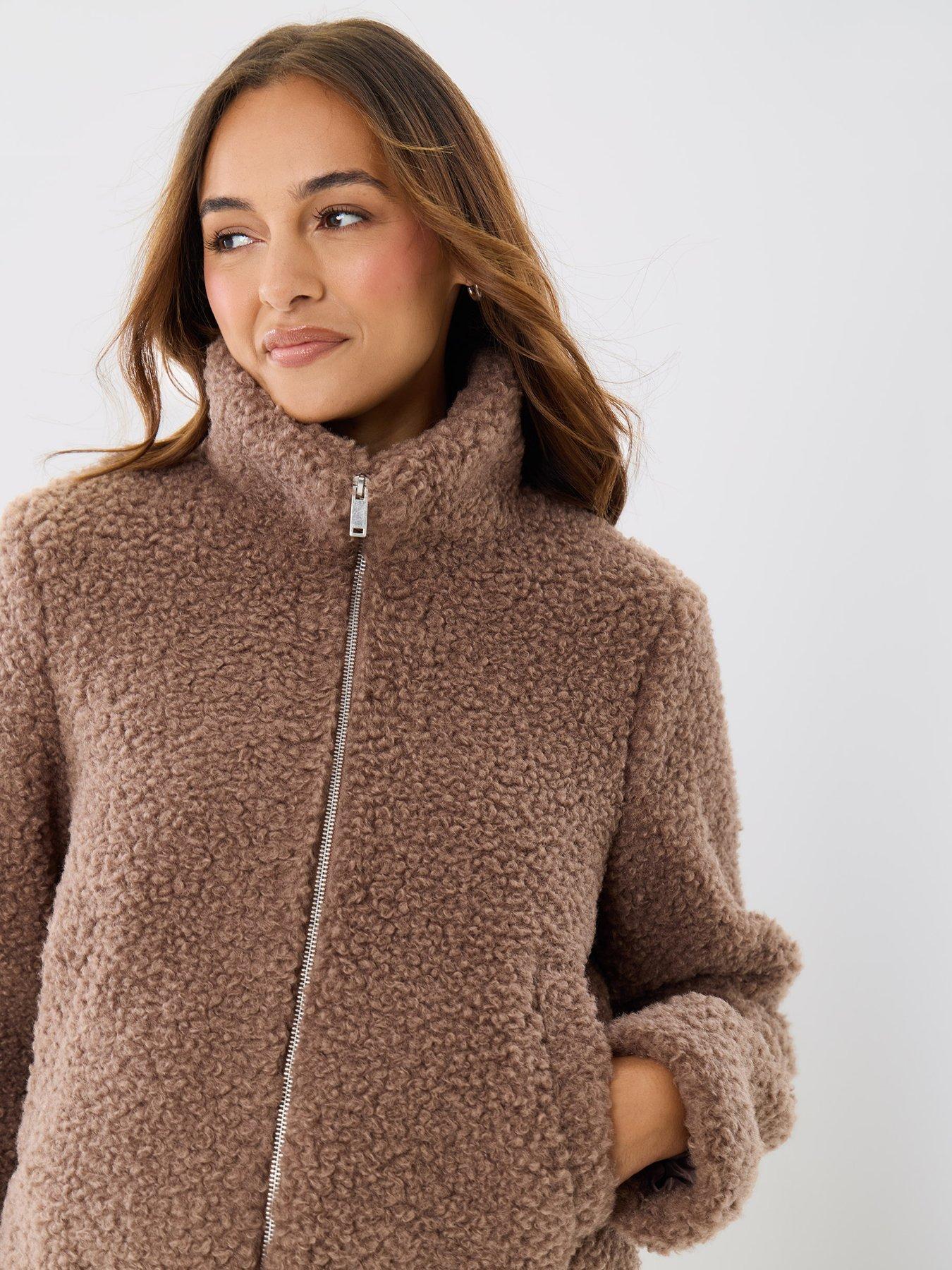Image 1 of 5 of Threadbare Womens Staple Funnel Neck Borg Bomber Jacket - Brown