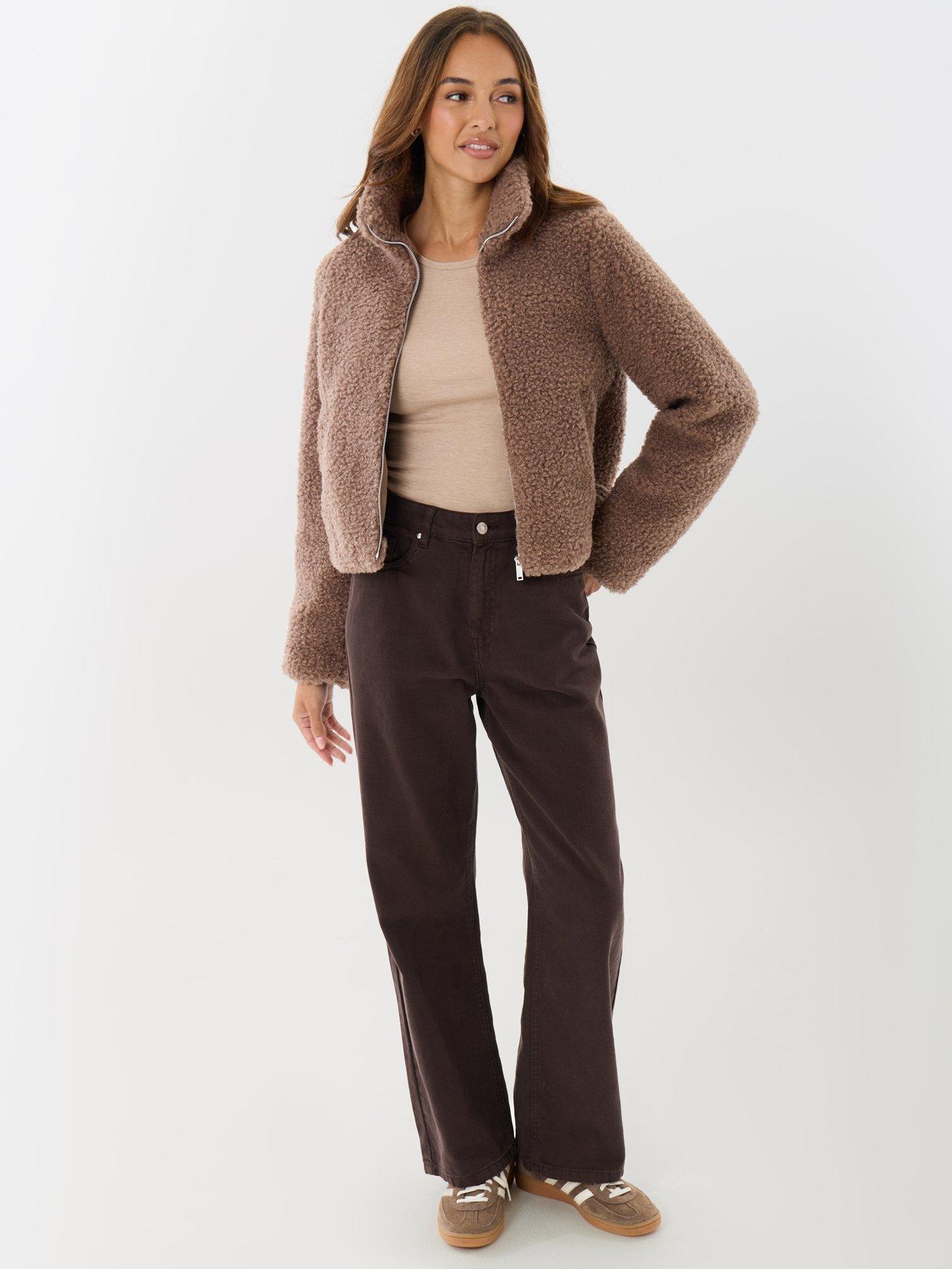 Image 3 of 5 of Threadbare Womens Staple Funnel Neck Borg Bomber Jacket - Brown