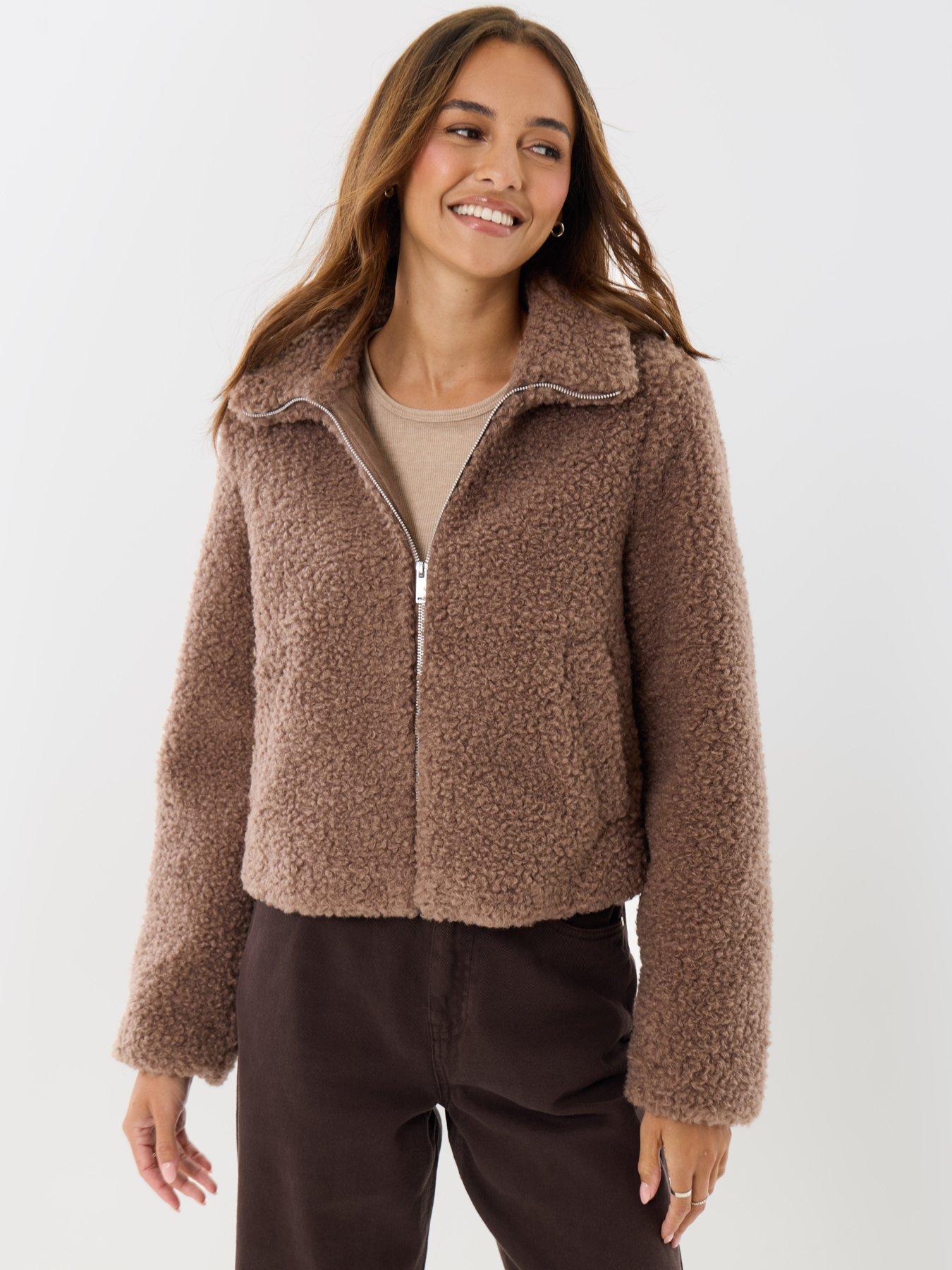 Image 4 of 5 of Threadbare Womens Staple Funnel Neck Borg Bomber Jacket - Brown
