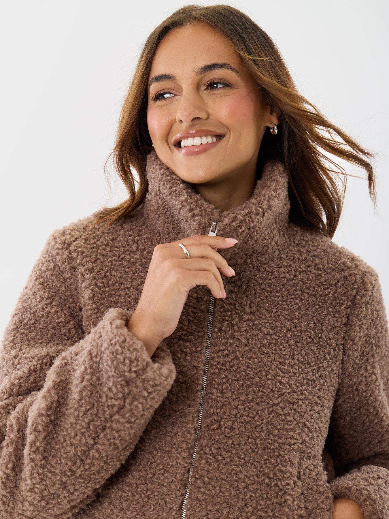 Image 5 of 5 of Threadbare Womens Staple Funnel Neck Borg Bomber Jacket - Brown