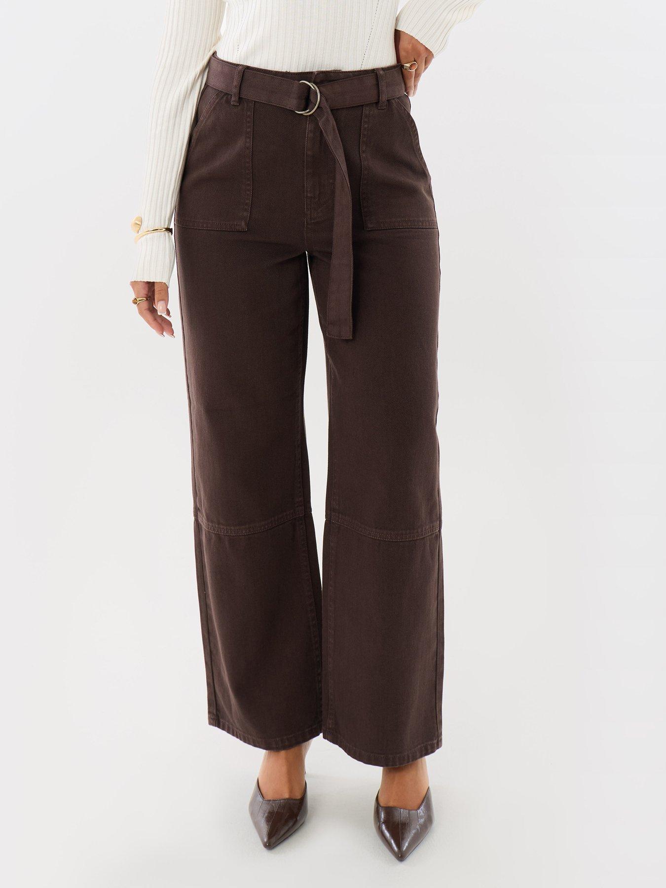 Image 1 of 4 of Threadbare High Waisted Cargo Jeans With Belt In Chocolate Brown