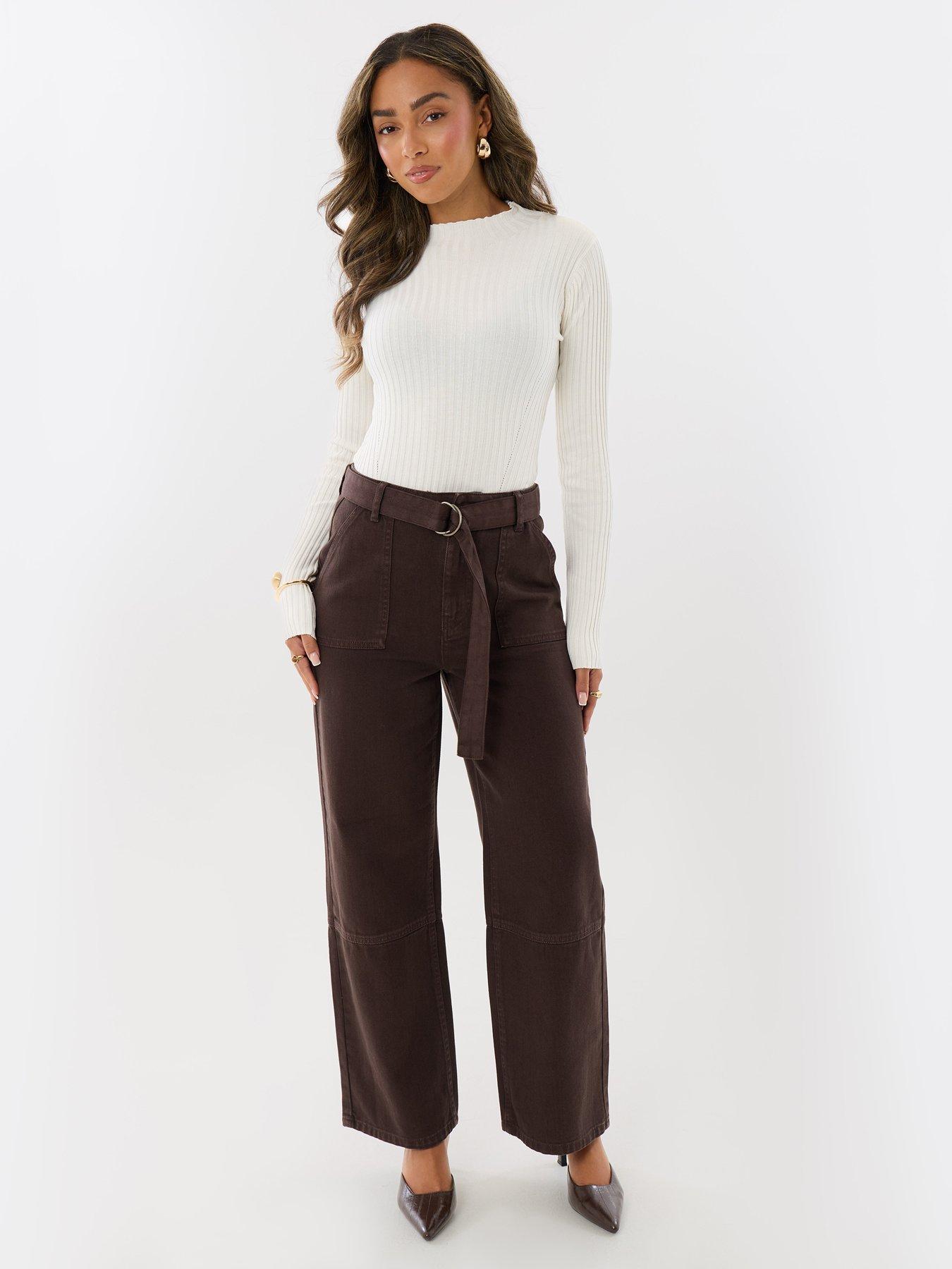 Image 3 of 4 of Threadbare High Waisted Cargo Jeans With Belt In Chocolate Brown