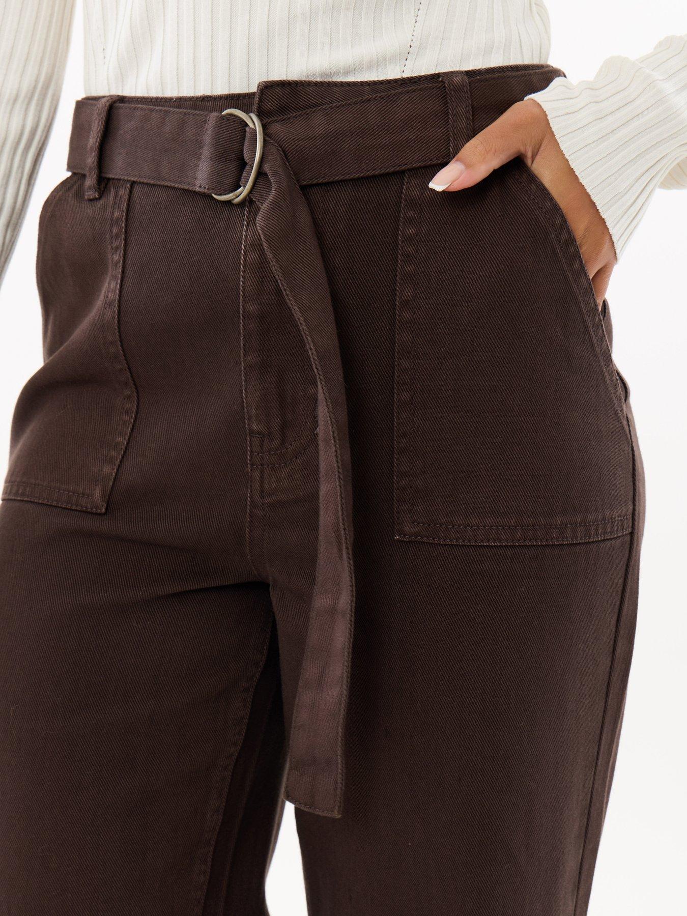 Image 4 of 4 of Threadbare High Waisted Cargo Jeans With Belt In Chocolate Brown