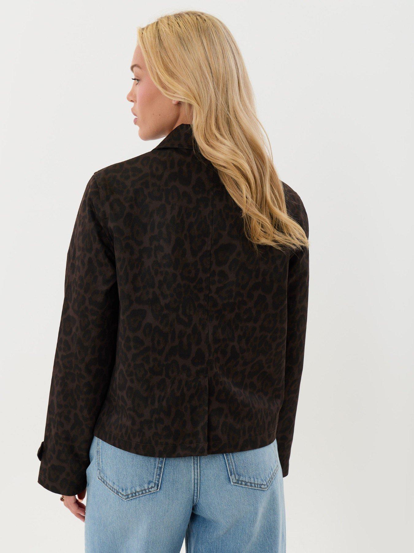 Image 3 of 4 of Threadbare Womens Cropped Collared Leopard Print Trench Coat - Brown