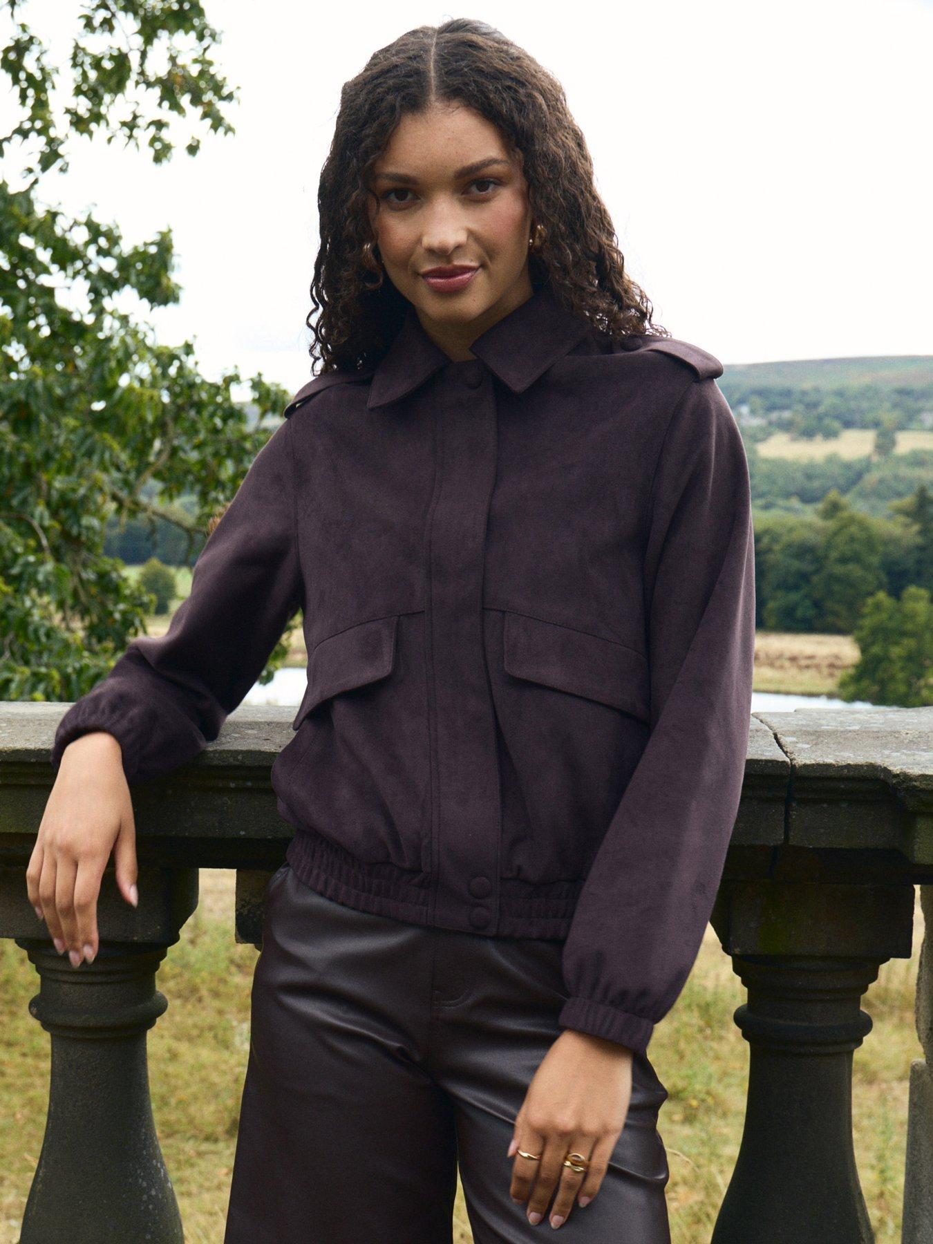 Image 1 of 4 of Threadbare Faux Suede Collared Bomber Jacket In Chocolate Brown